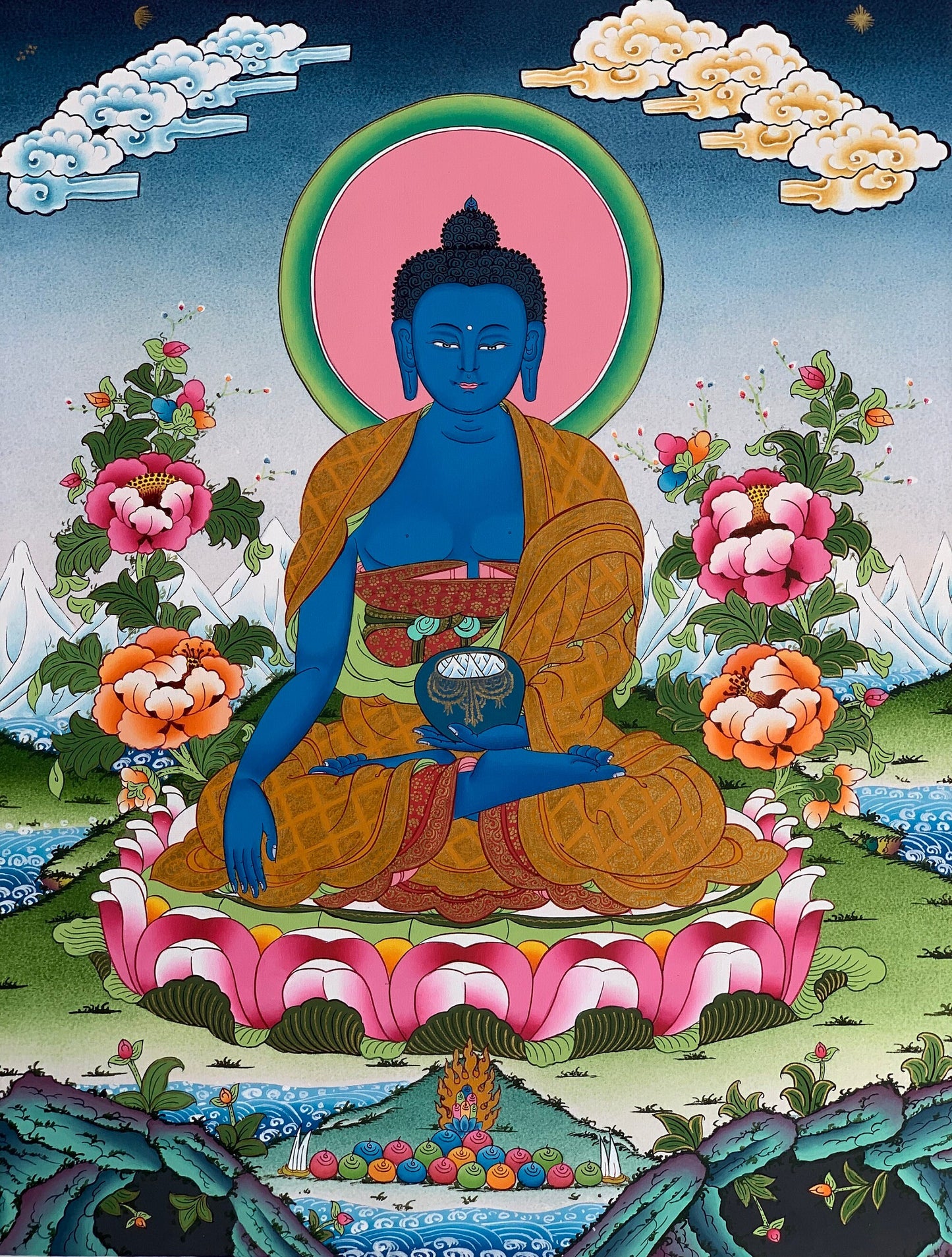 Medicine Buddha, Bhaisajyaguru, Master Quality Thangka Painting, Original Art  18 x 24- Inch