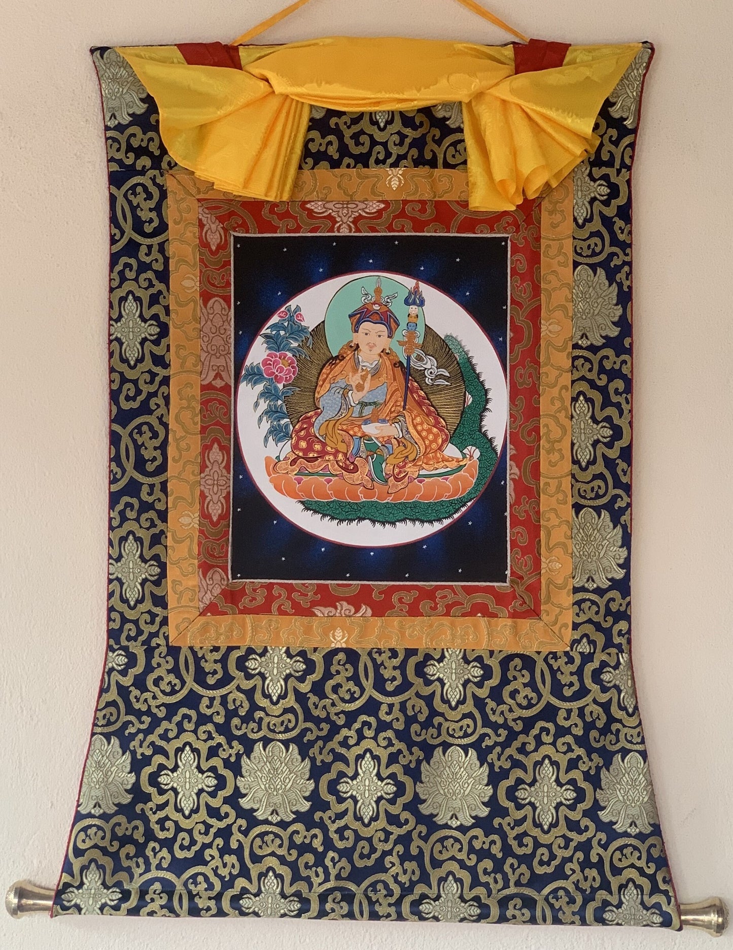 Padmasambhava, Guru Rinpoche, Thangka Painting, Original Art with Traditional Silk Brocade