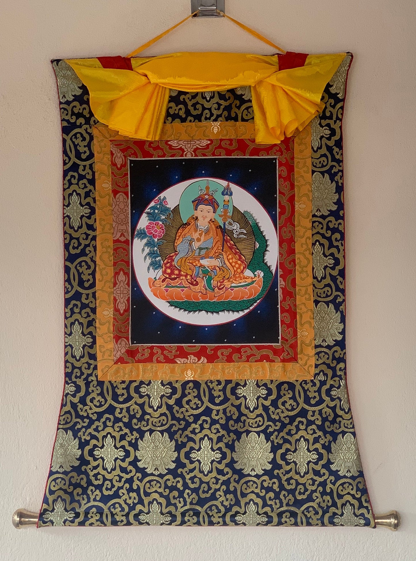 Padmasambhava, Guru Rinpoche, Thangka Painting, Original Art with Traditional Silk Brocade