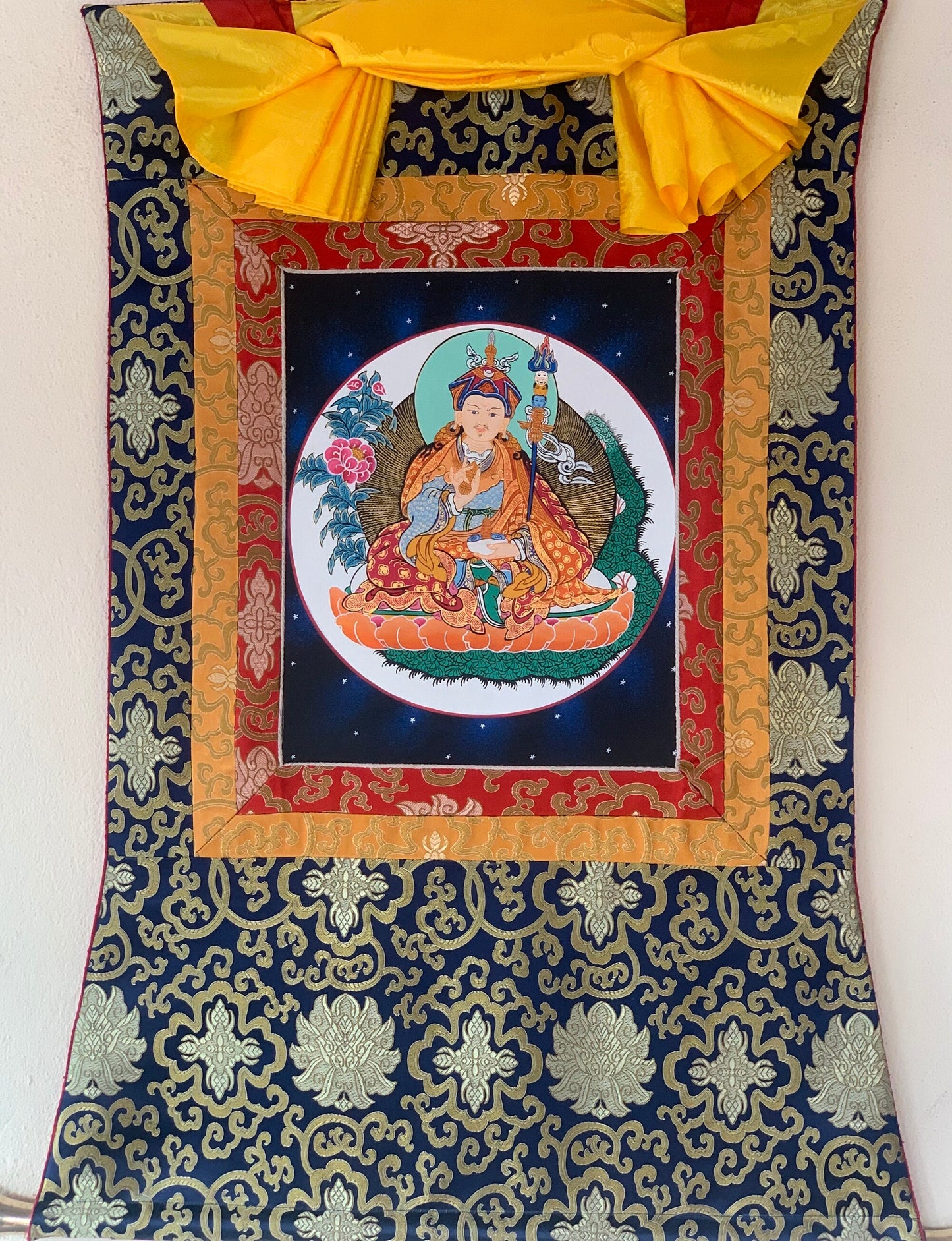 Padmasambhava, Guru Rinpoche, Thangka Painting, Original Art with Traditional Silk Brocade