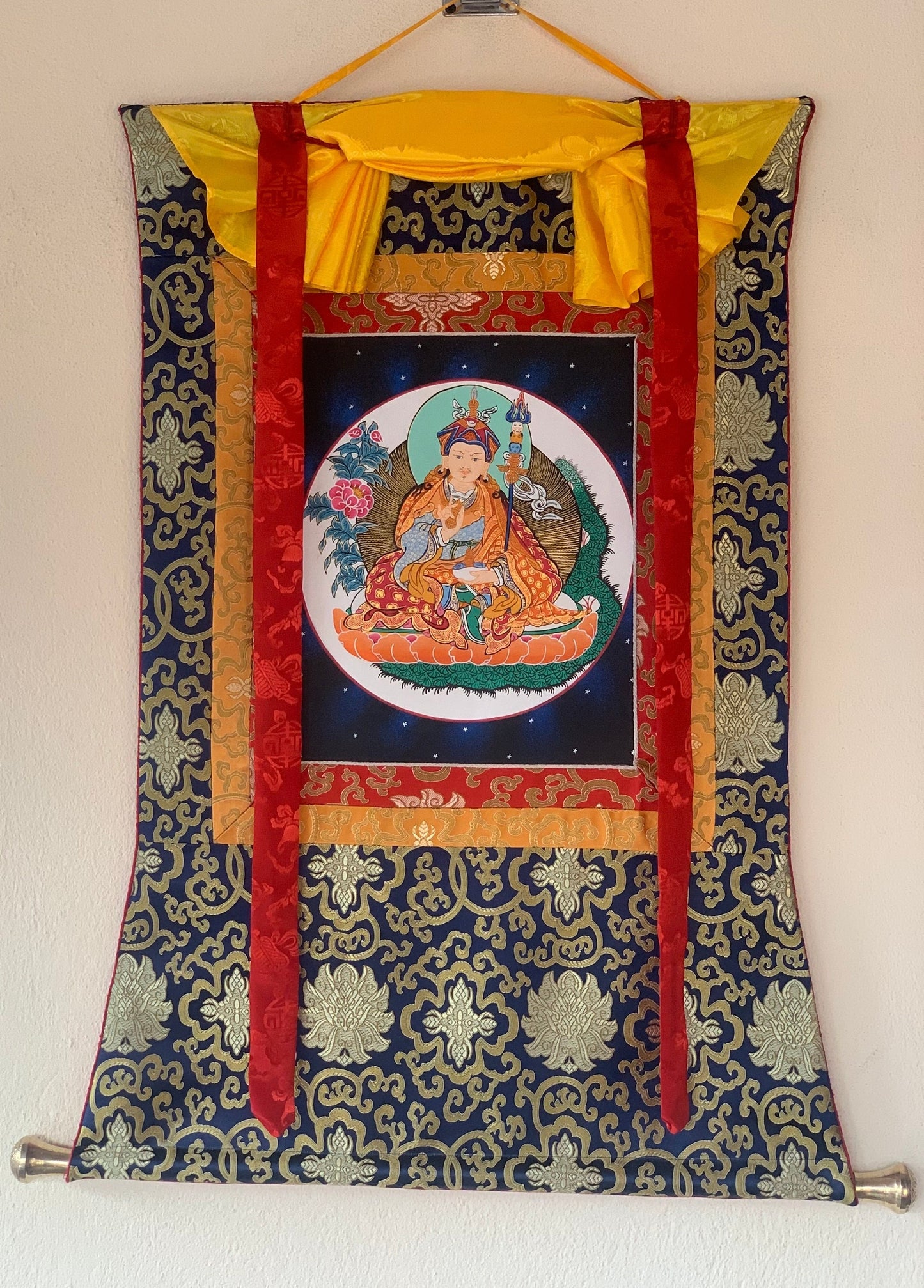 Padmasambhava, Guru Rinpoche, Thangka Painting, Original Art with Traditional Silk Brocade