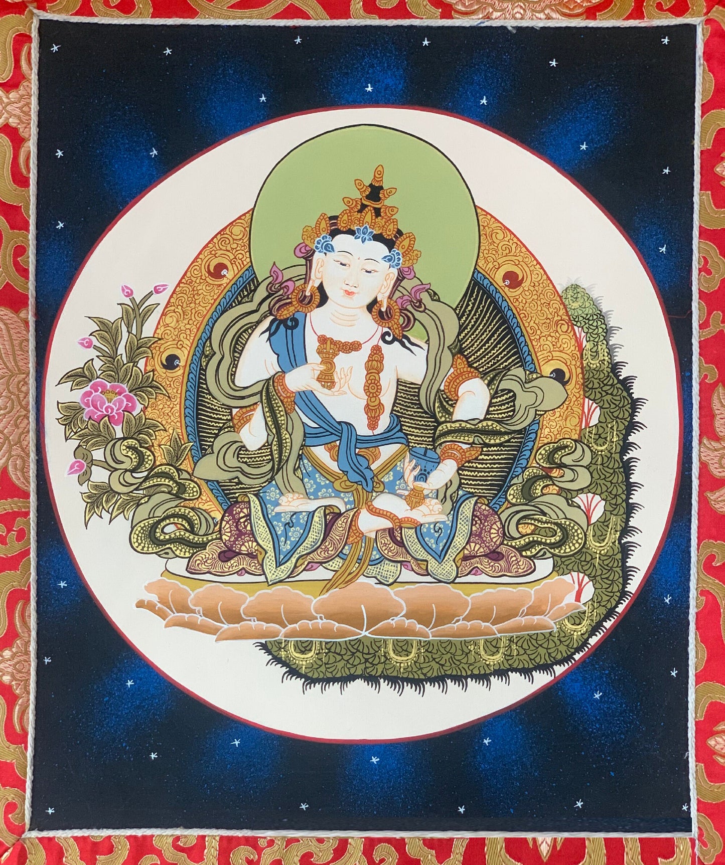 Vajrasattva, Dorje Sempa, Dhyani Buddha, Tibetan Thangka Painting, Original Art Framed with Silk