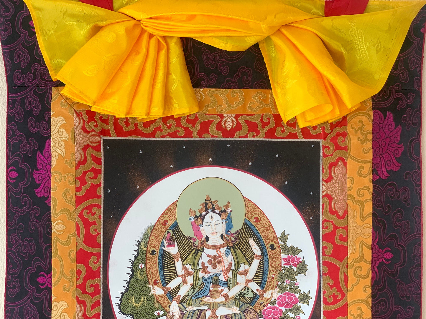 Basundhara, Namgyalma, Dakini of Longevity, Thangka Painting, Original Art, Bordered with Silk