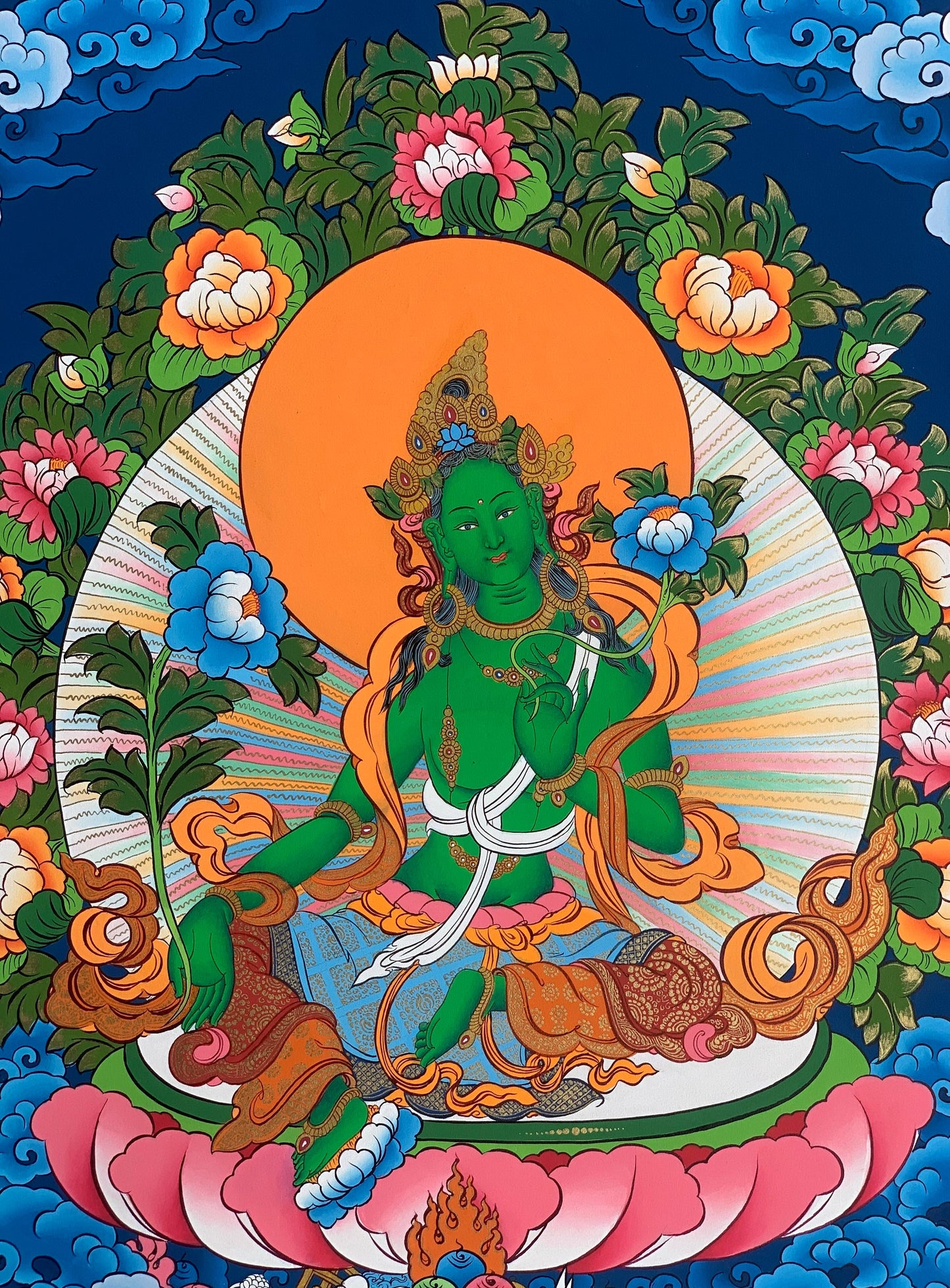 Green  Tara, Shyamatara,  Mother Goddess, Lama Blessed, Thangka Painting, Original Art 17 x 24 Inch