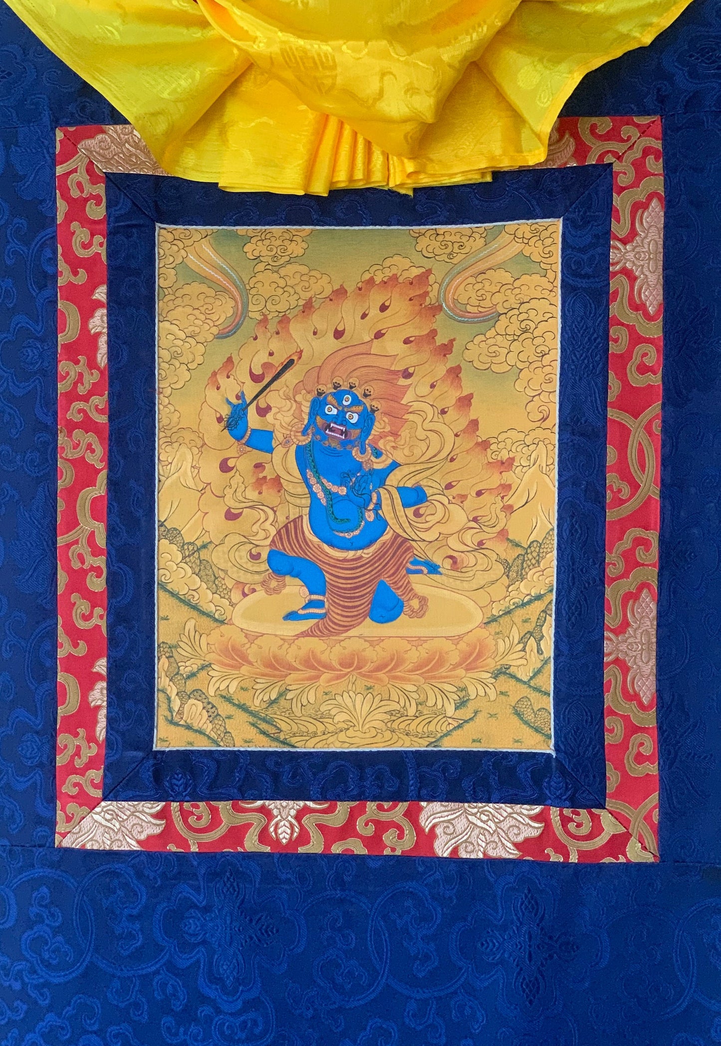 Mahakala/ Bhairava/ Kalavairava Tibetan Thangka Painting Original Art  with Silk Brocade