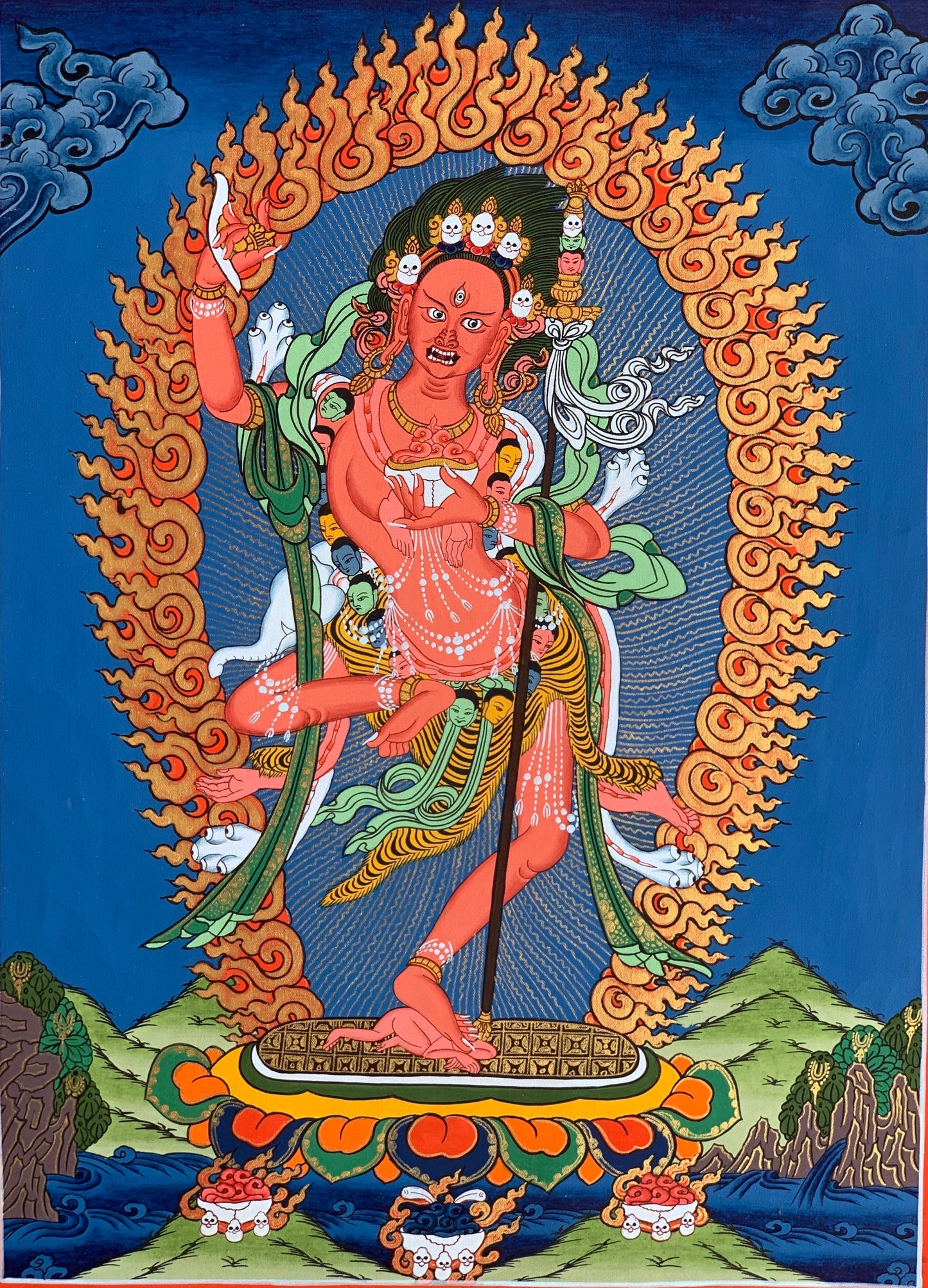 Vajravarahi, Dorje Phagmo, Tibetan Thangka Painting, Original Art  with Silk Brocade