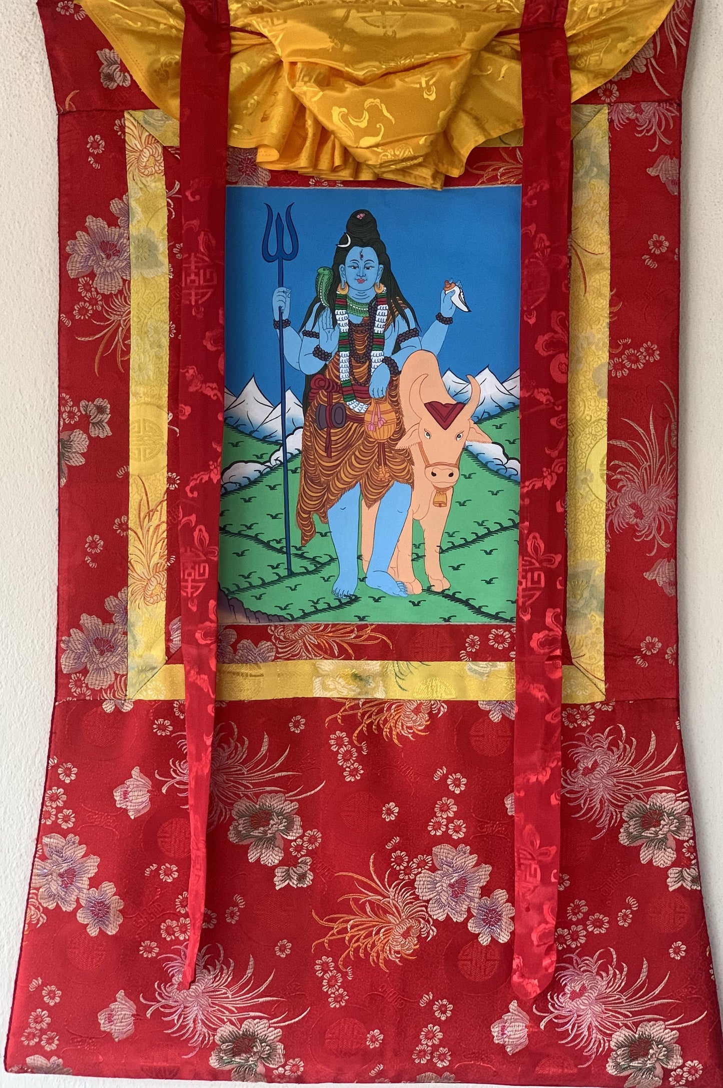 Lord Shiva, Mahadeva, Mahesh, Shankar, Thangka Painting, Original Art  with Silk Brocade ( Frame)