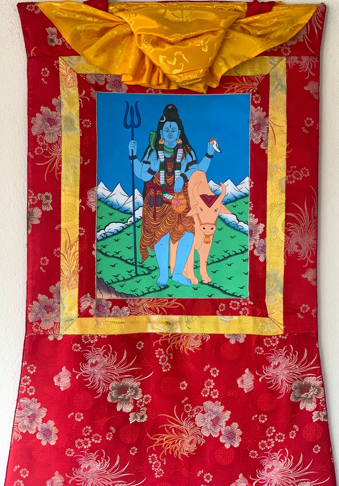 Lord Shiva, Mahadeva, Mahesh, Shankar, Thangka Painting, Original Art  with Silk Brocade ( Frame)