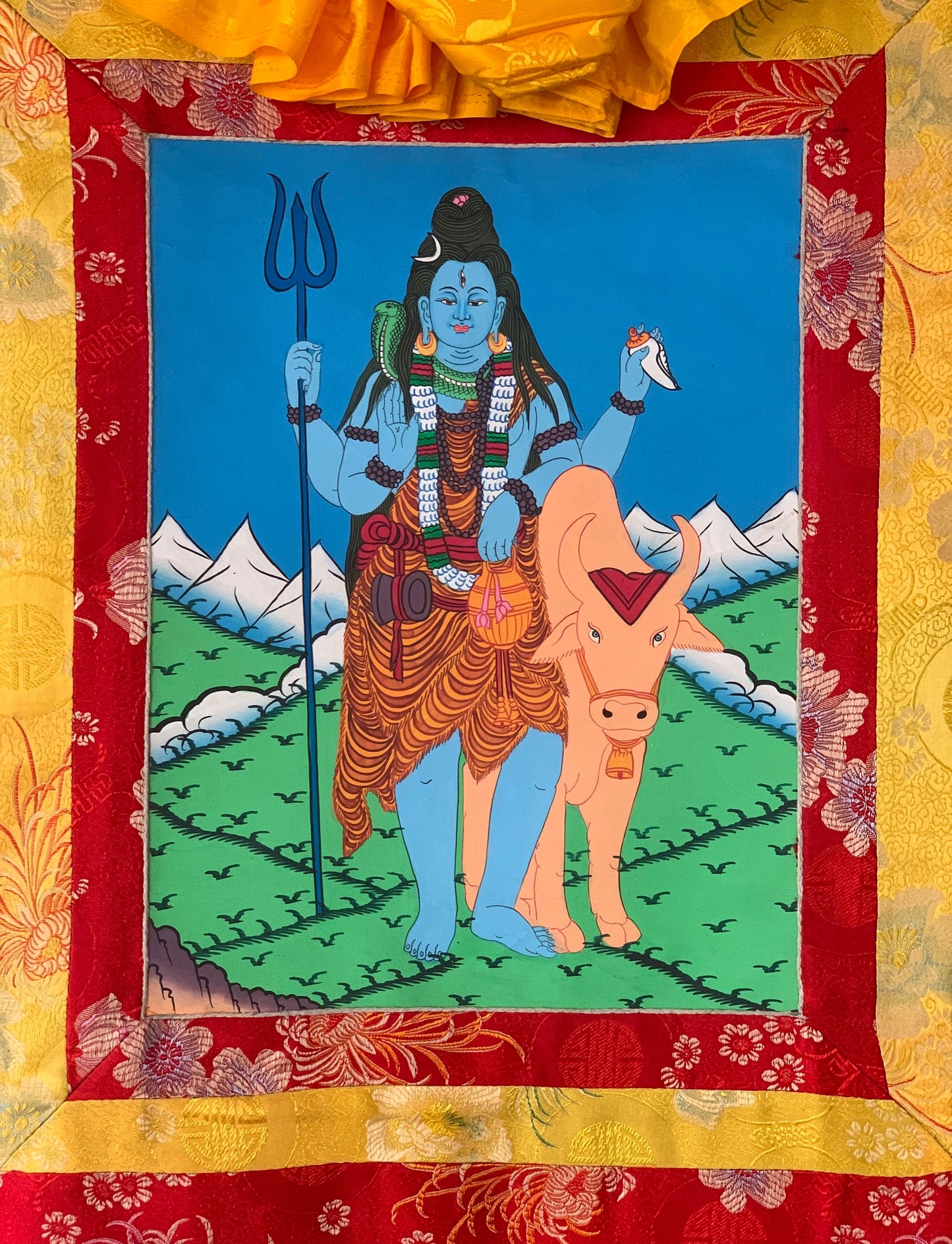 Lord Shiva, Mahadeva, Mahesh, Shankar, Thangka Painting, Original Art  with Silk Brocade ( Frame)