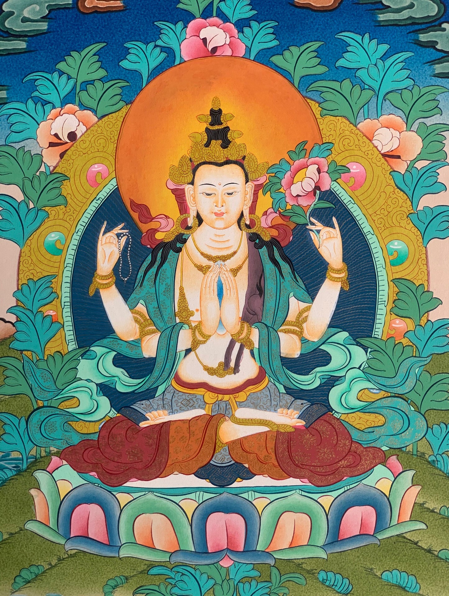 Avalokiteshvara/Chyangresi/ Chenrezig Master Quality Tibetan Thangka Painting Original Meditation Art 14 x 20 Inch