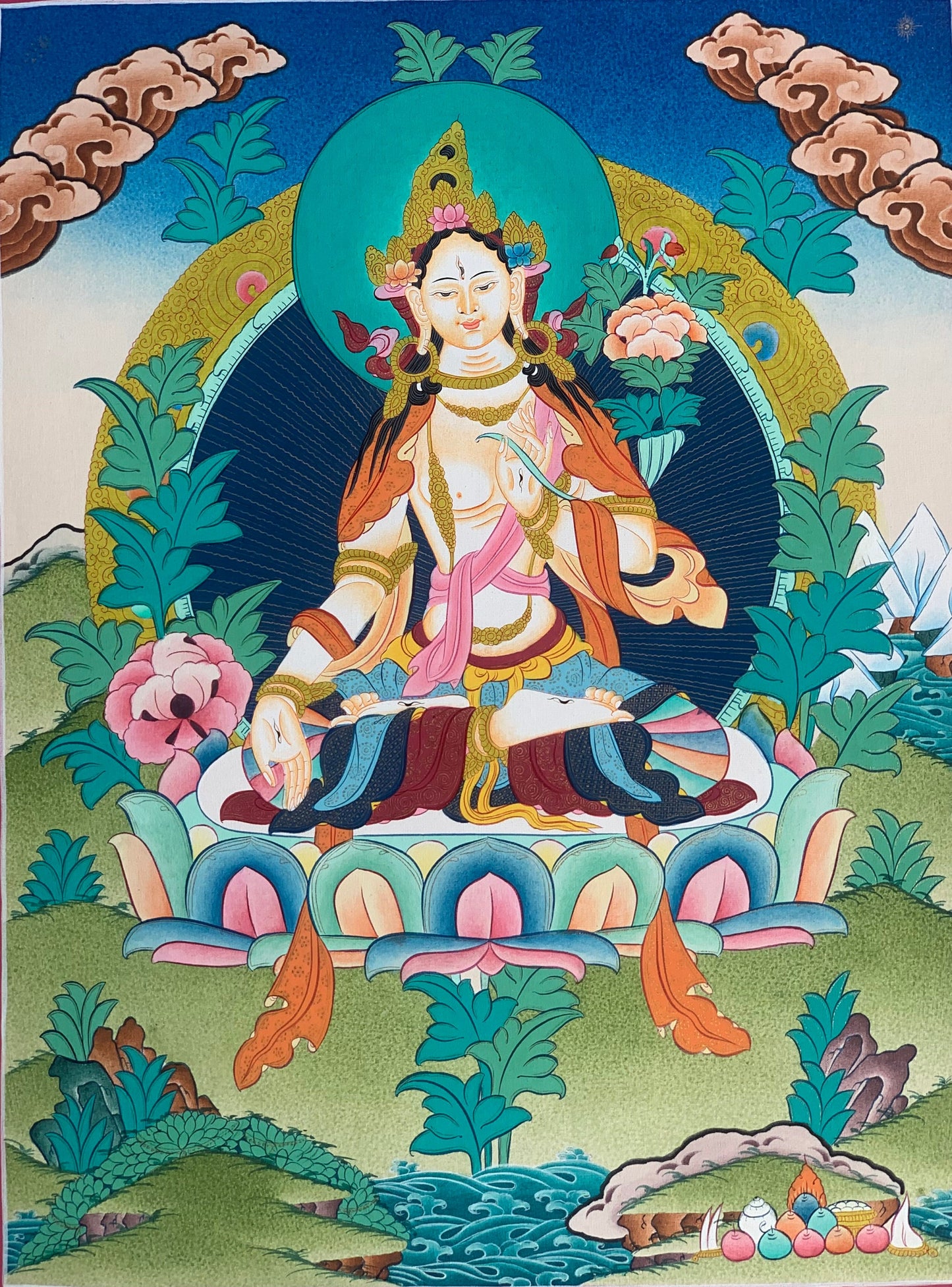 White Tara, Sitatara, Mother Goddess, Master Quality, Thangka Painting, Original Art  15 x 20 Inch