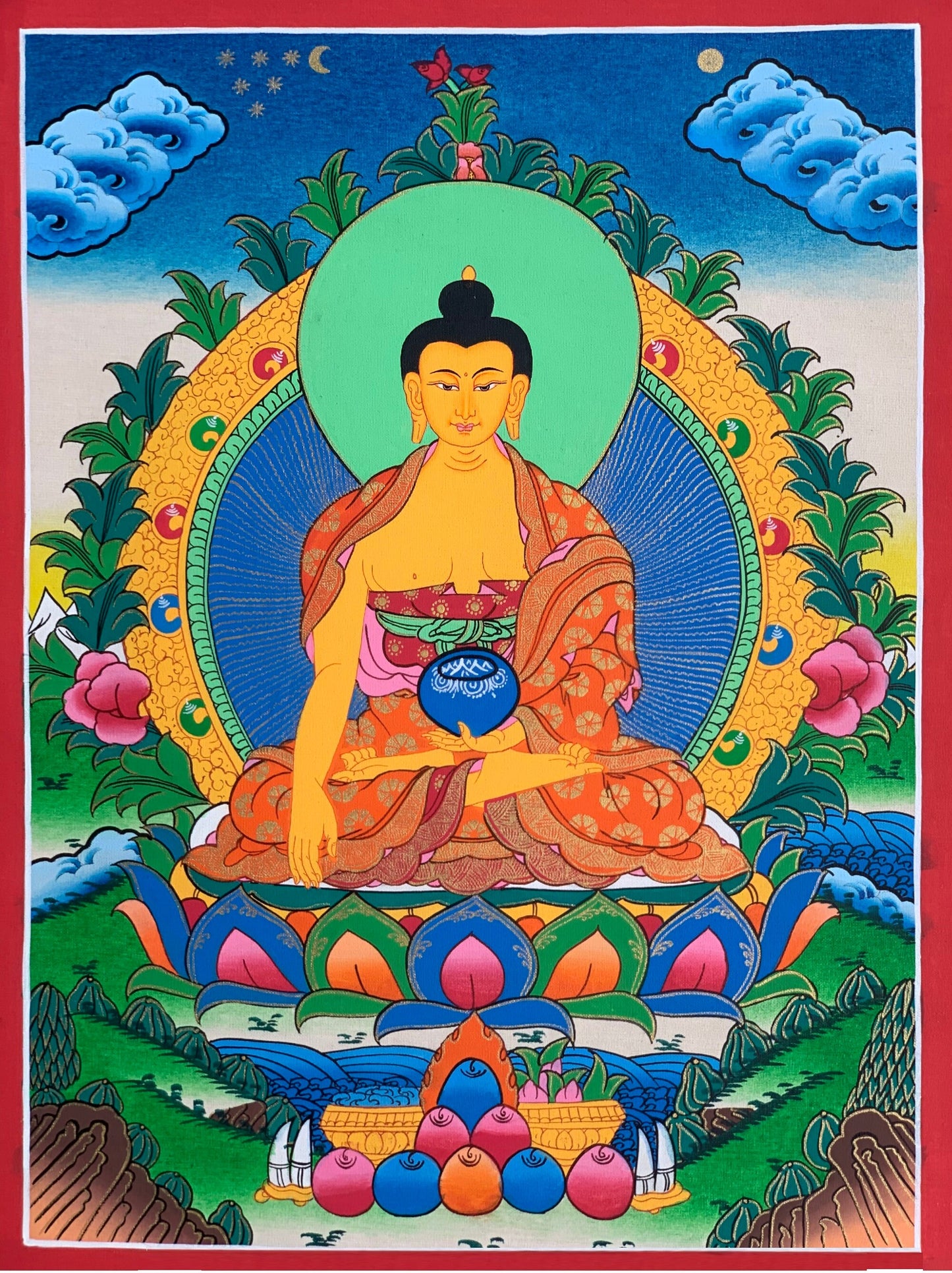 Shakyamuni, Siddhartha, Gautama, Buddha, Tibetan Thangka Painting, Original Art 11x15-Inches