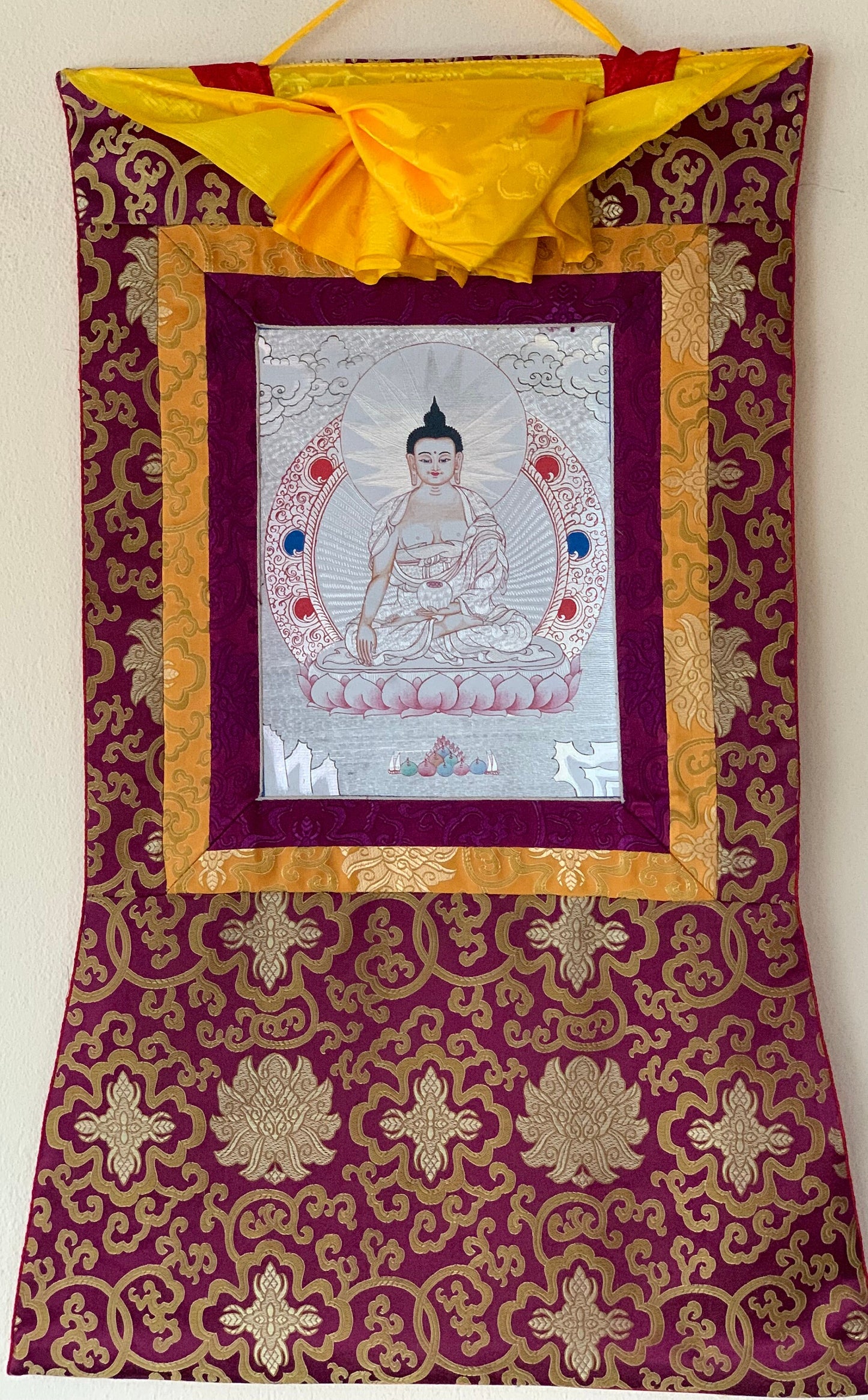 Shakyamuni, Gautama, Buddha Tibetan Silver, Thangka Painting, Original Art  with Silk Brocade