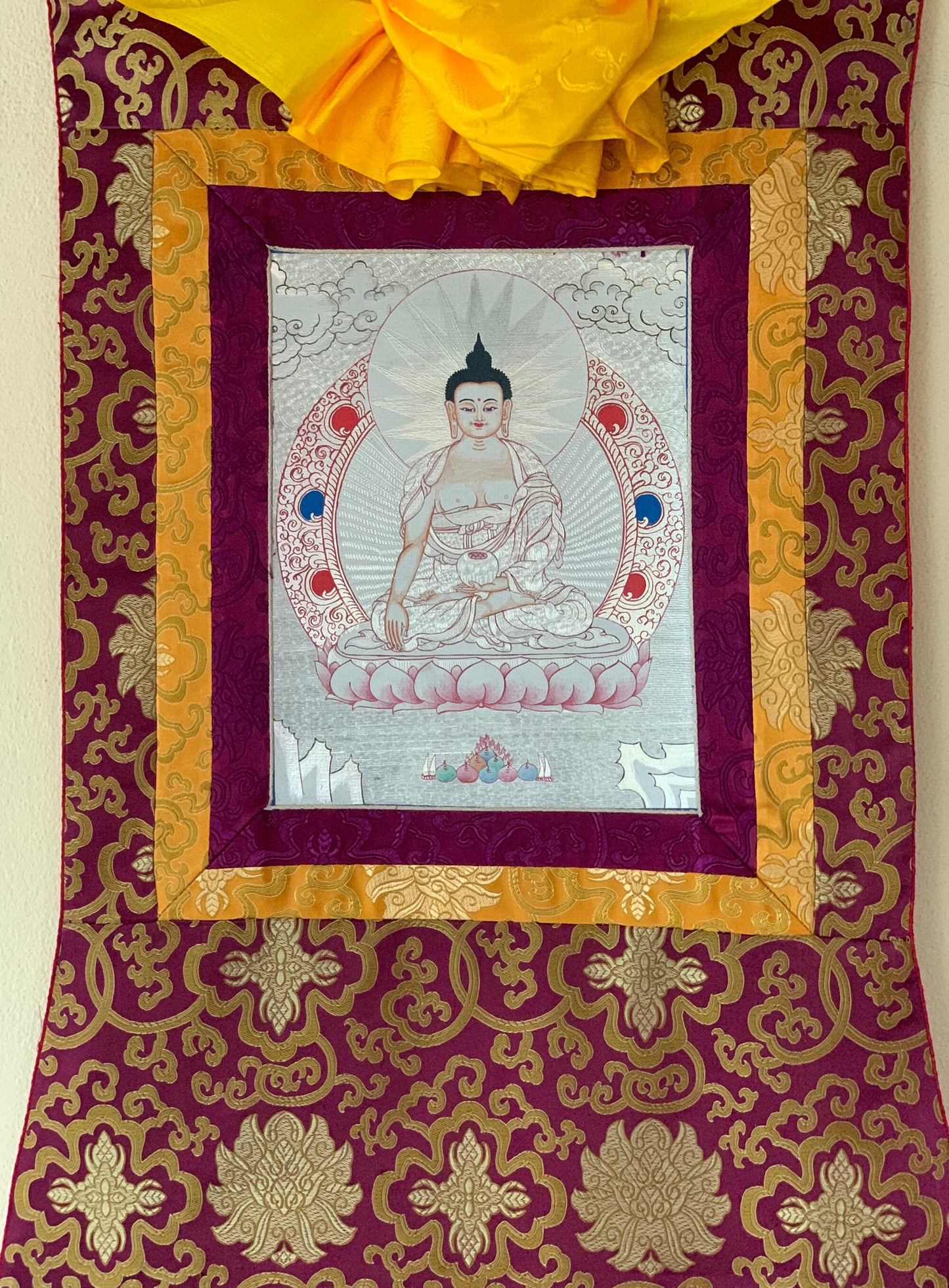 Shakyamuni, Gautama, Buddha Tibetan Silver, Thangka Painting, Original Art  with Silk Brocade