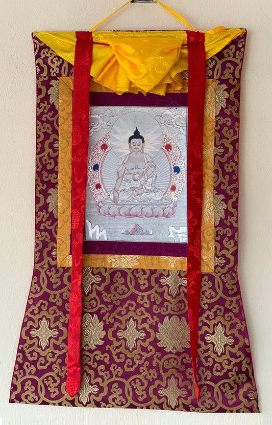 Shakyamuni, Gautama, Buddha Tibetan Silver, Thangka Painting, Original Art  with Silk Brocade