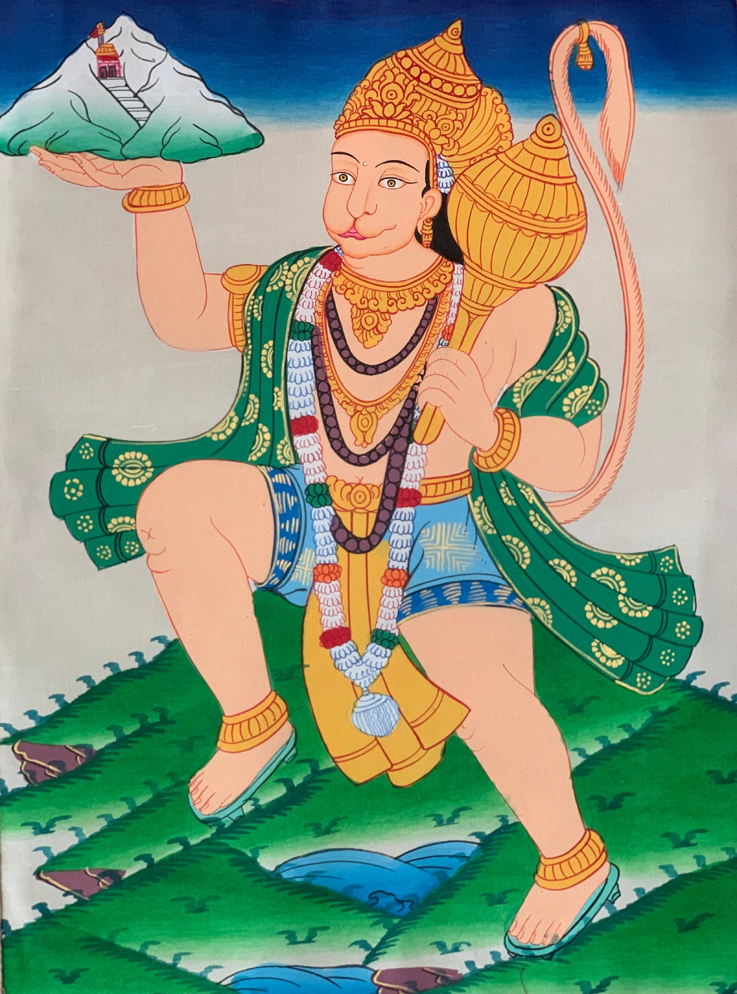 Hanumana/Hanuman/ Vajrangavali/ Monkey God Original Thangka Painting, with Silk Frame ( Brocade)