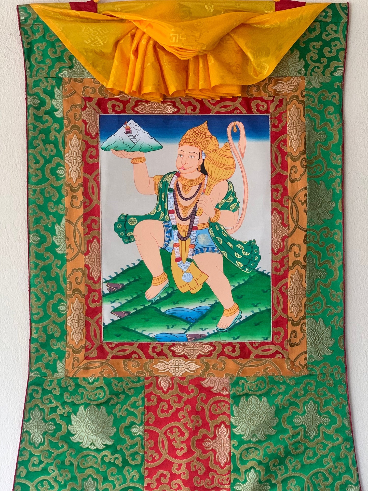 Hanumana/Hanuman/ Vajrangavali/ Monkey God Original Thangka Painting, with Silk Frame ( Brocade)