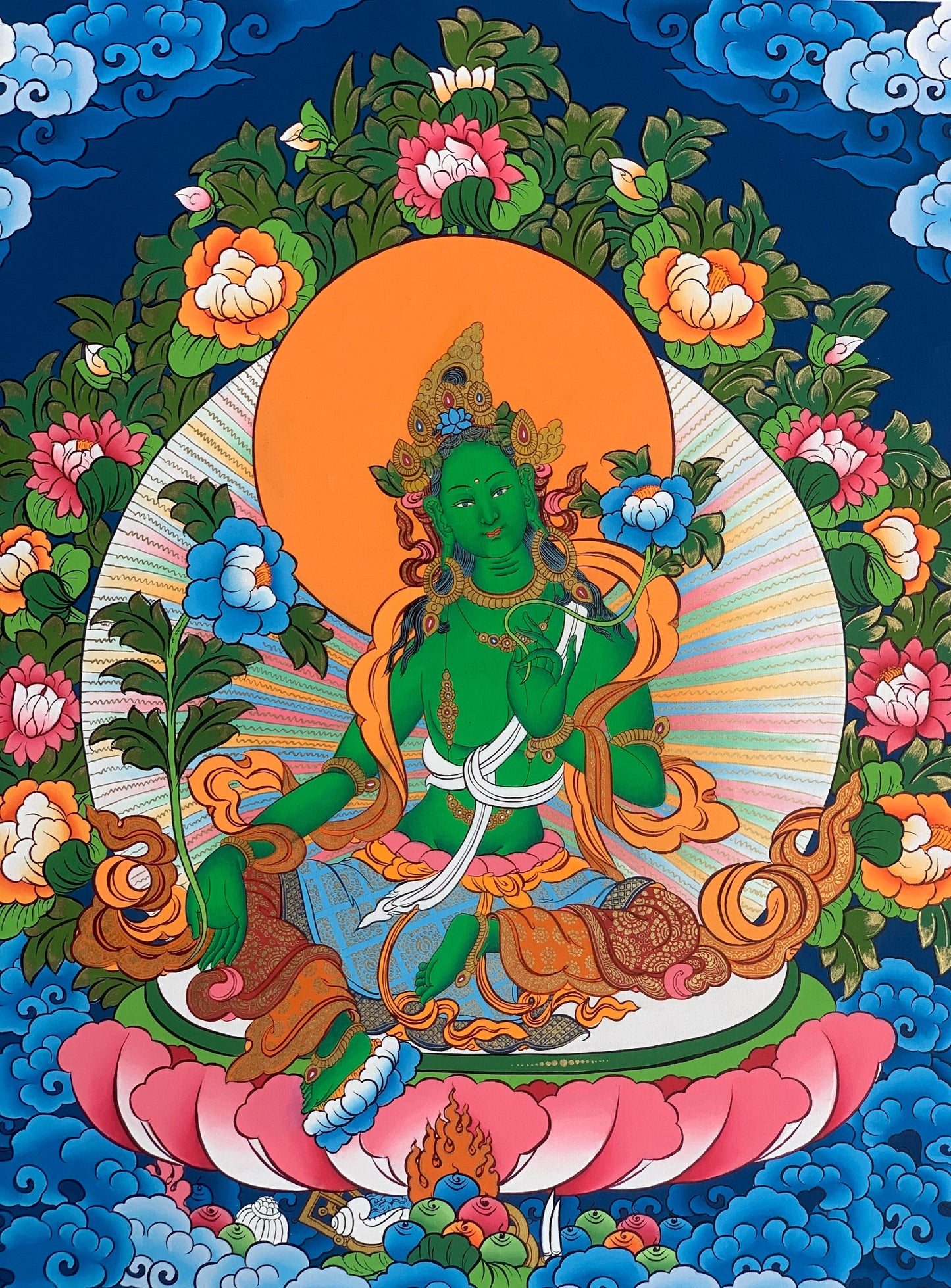 Green  Tara, Shyamatara,  Mother Goddess, Lama Blessed, Thangka Painting, Original Art 17 x 24 Inch