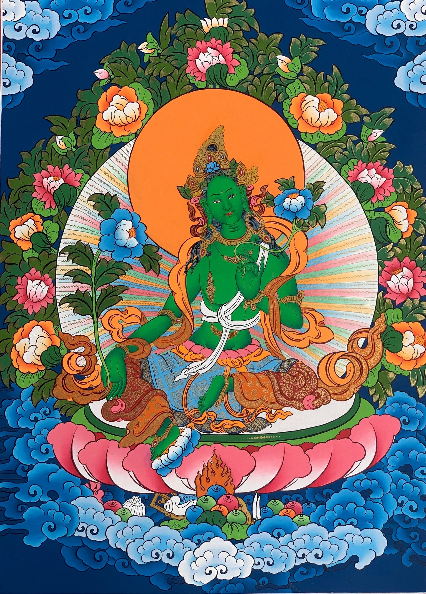 Green  Tara, Shyamatara,  Mother Goddess, Lama Blessed, Thangka Painting, Original Art 17 x 24 Inch