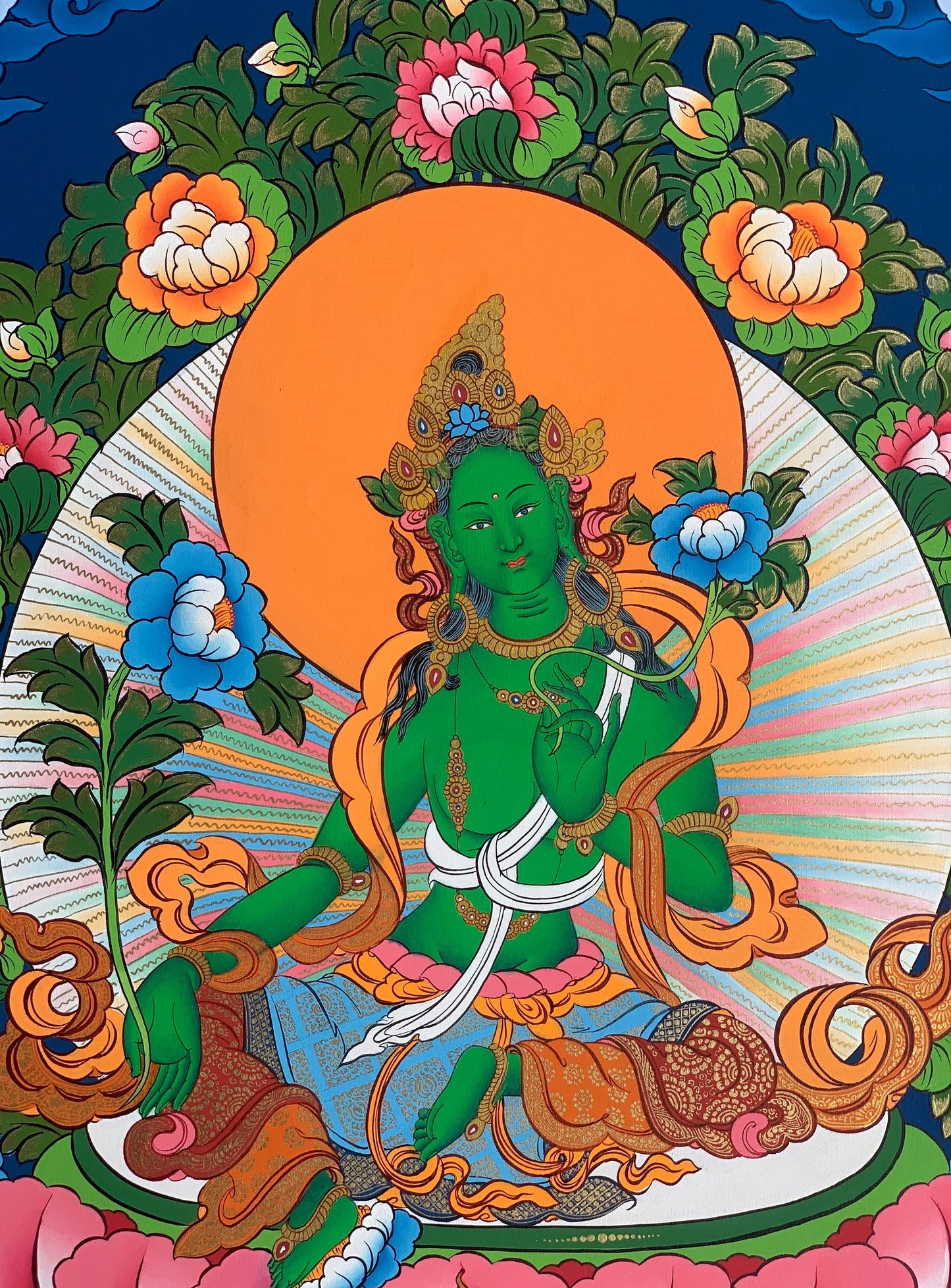 Green  Tara, Shyamatara,  Mother Goddess, Lama Blessed, Thangka Painting, Original Art 17 x 24 Inch