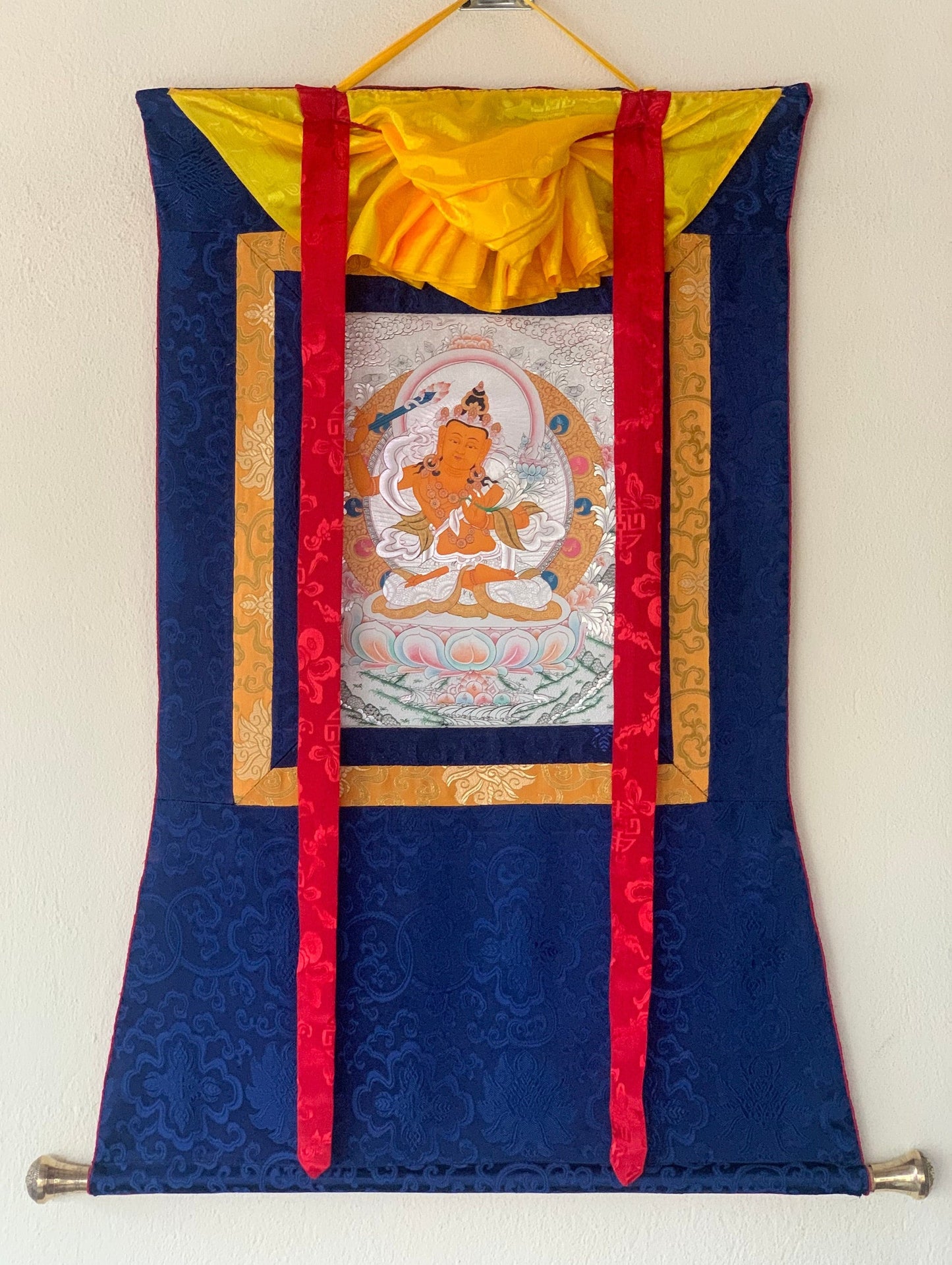 Manjushri, Manjusri, Manjushree,  Silver, Thangka Painting, Original Art with Silk Brocade