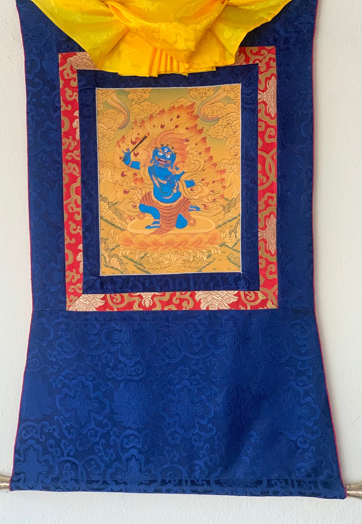 Mahakala/ Bhairava/ Kalavairava Tibetan Thangka Painting Original Art  with Silk Brocade