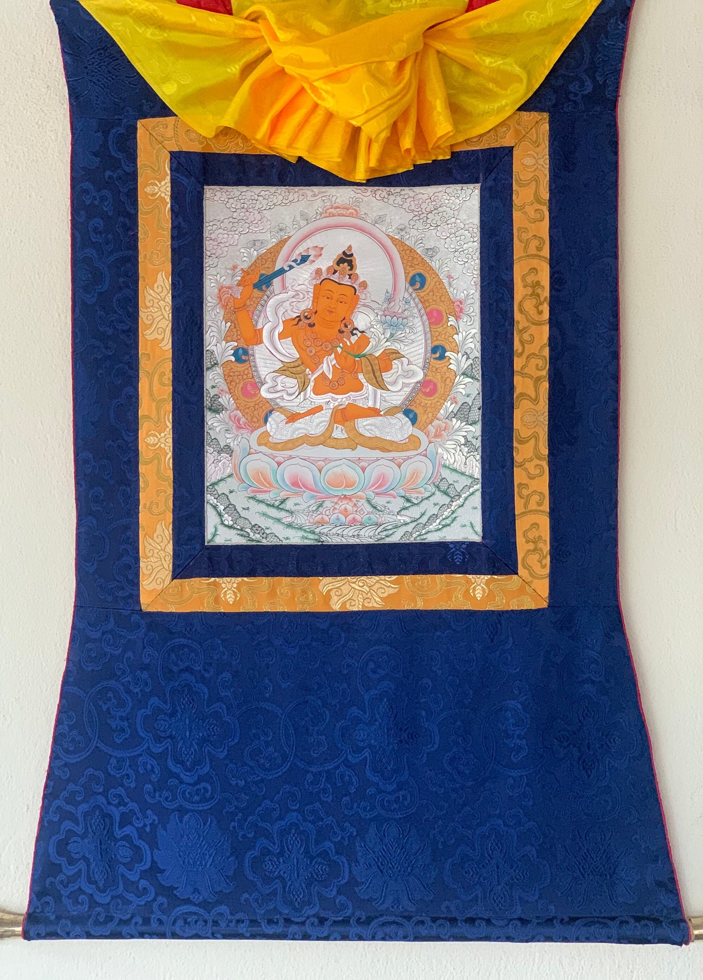 Manjushri, Manjusri, Manjushree,  Silver, Thangka Painting, Original Art with Silk Brocade