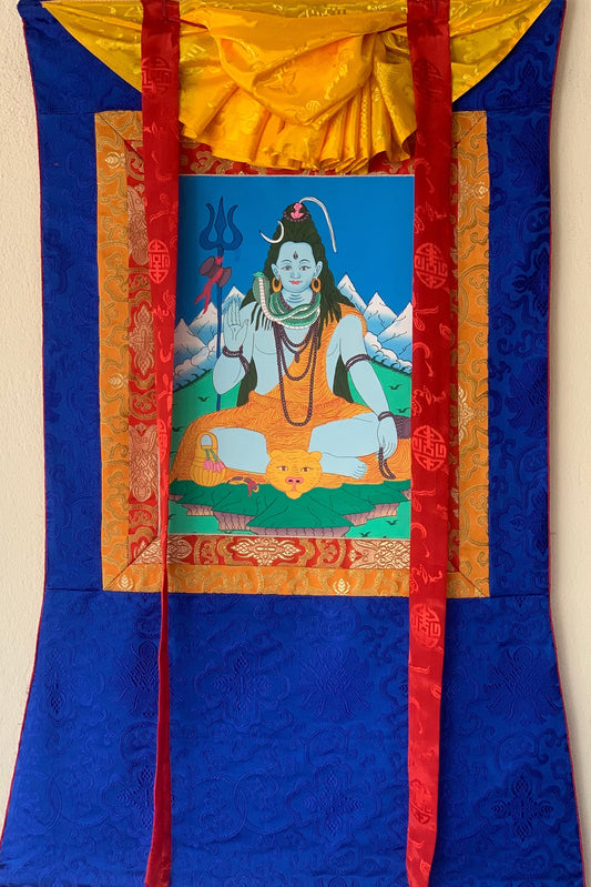 Lord Shiva, Mahadeva, Shankar, Thangka Painting, Original Art  with Silk Brocade ( Frame)