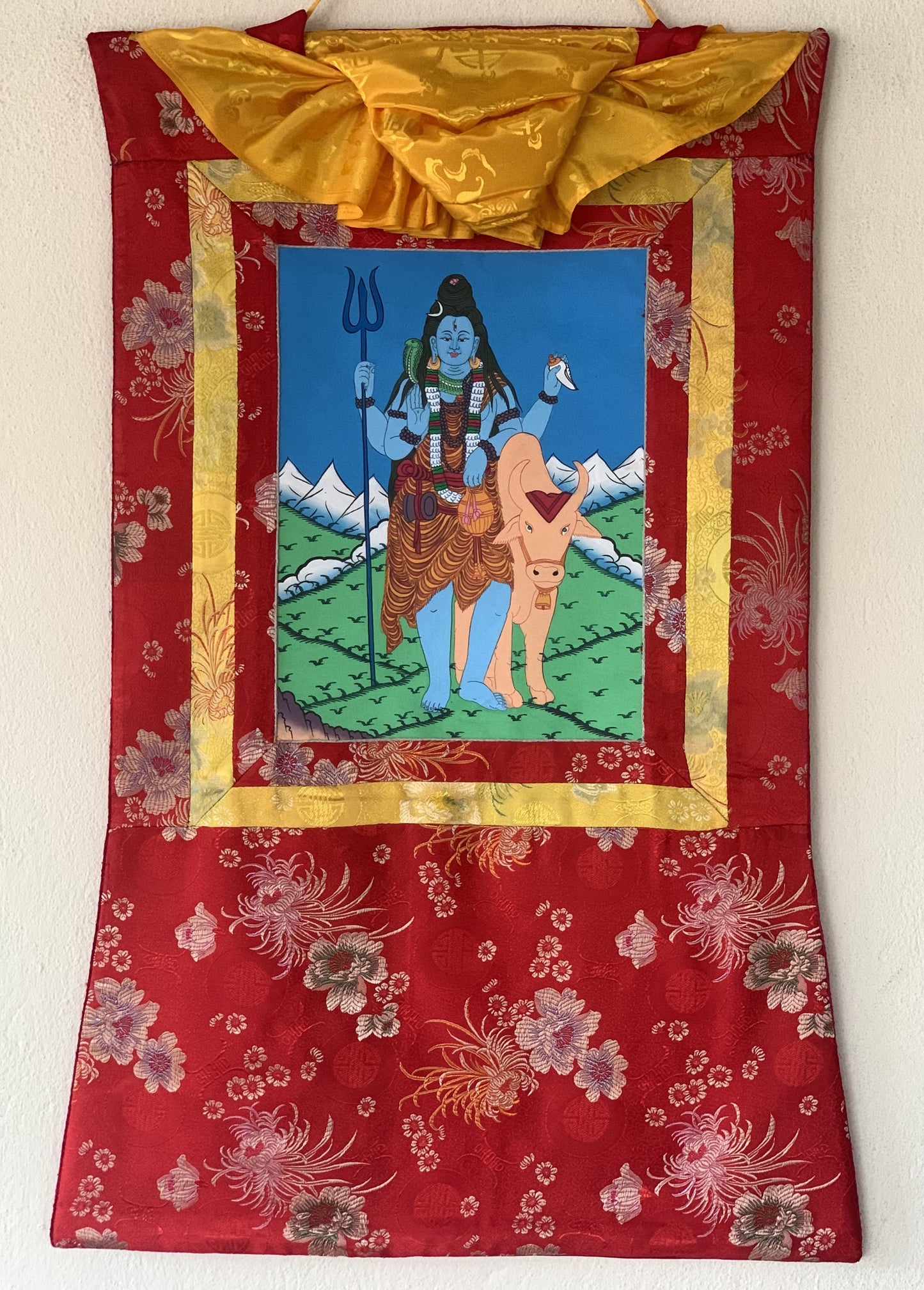 Lord Shiva, Mahadeva, Mahesh, Shankar, Thangka Painting, Original Art  with Silk Brocade ( Frame)