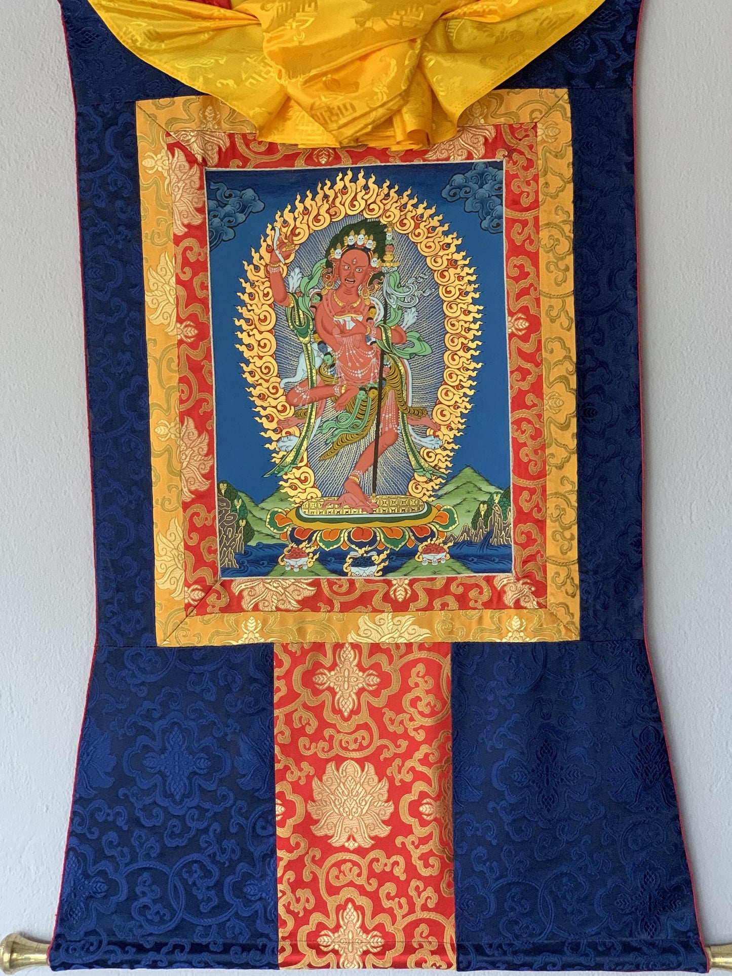 Vajravarahi, Dorje Phagmo, Tibetan Thangka Painting, Original Art  with Silk Brocade