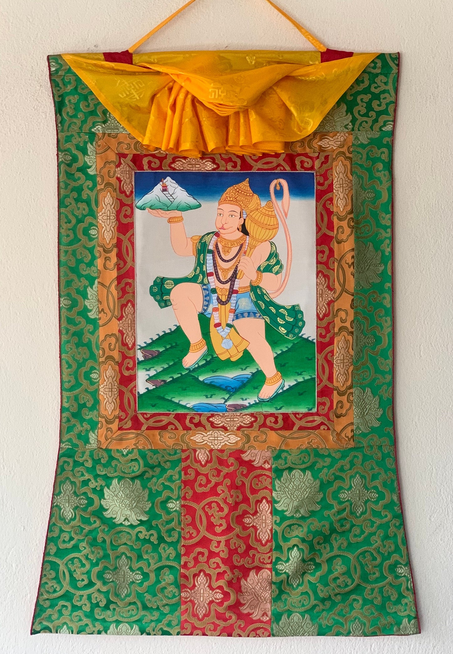 Hanumana/Hanuman/ Vajrangavali/ Monkey God Original Thangka Painting, with Silk Frame ( Brocade)