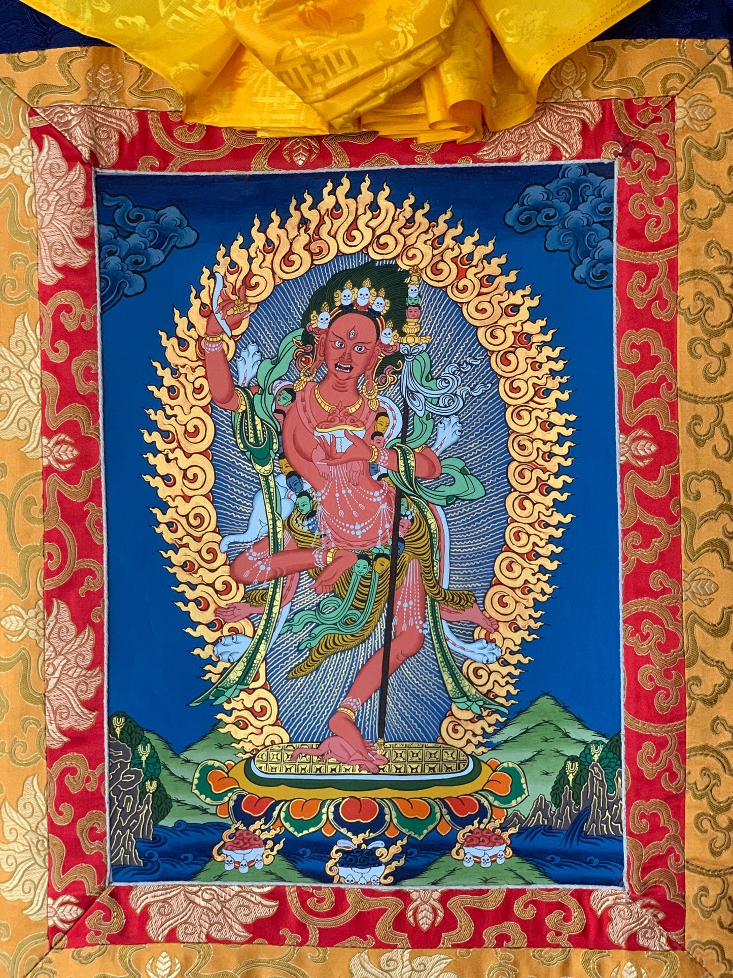 Vajravarahi, Dorje Phagmo, Tibetan Thangka Painting, Original Art  with Silk Brocade