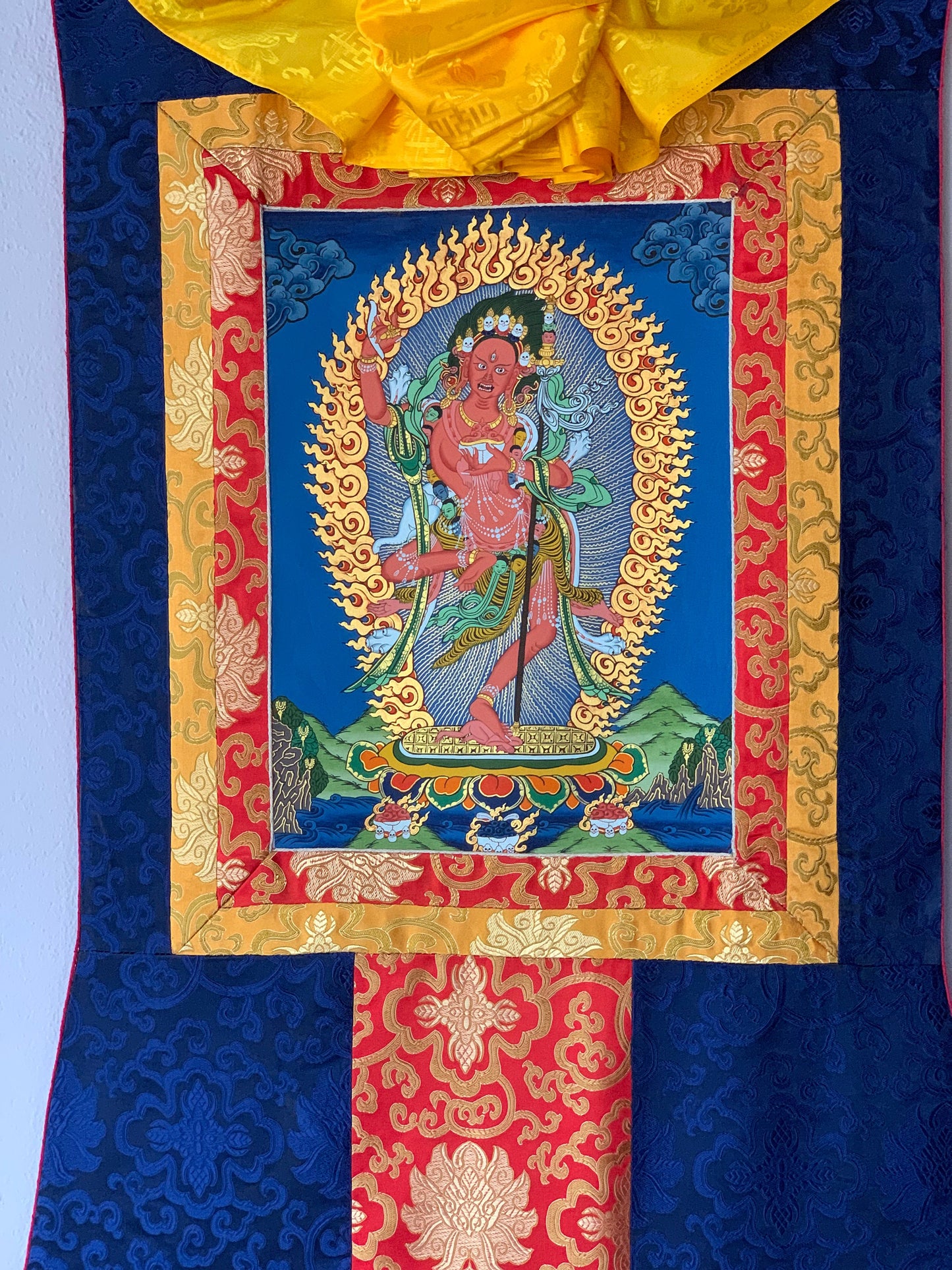 Vajravarahi, Dorje Phagmo, Tibetan Thangka Painting, Original Art  with Silk Brocade