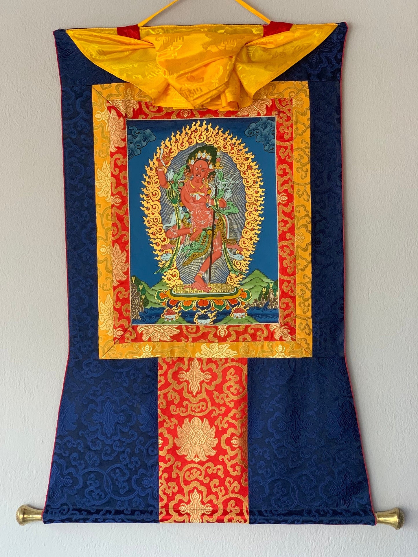 Vajravarahi, Dorje Phagmo, Tibetan Thangka Painting, Original Art  with Silk Brocade