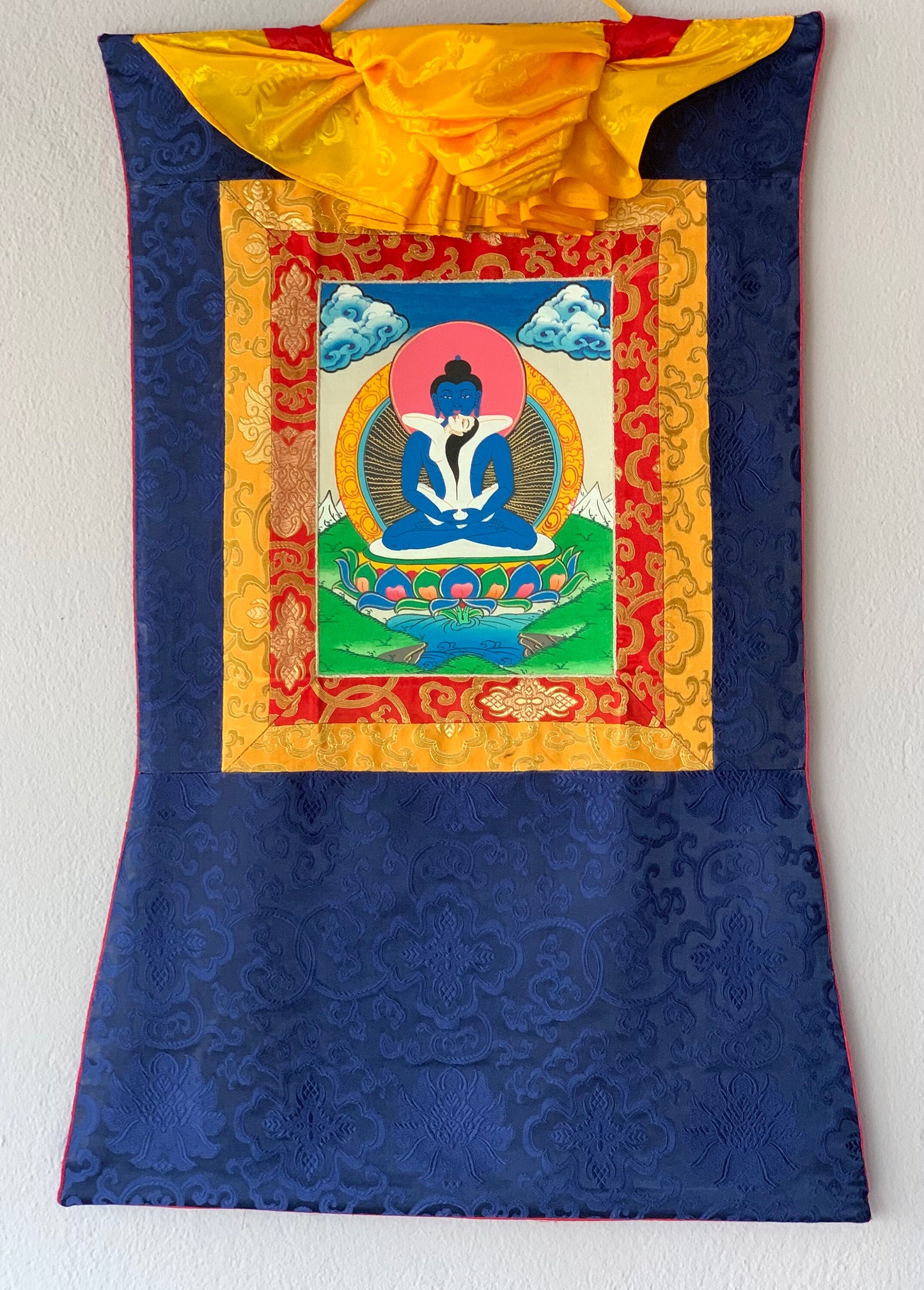 Hand Painted Buddha Shakti, Samantabhadra, Tibetan Thangka Painting, Original Art with Silk Brocade