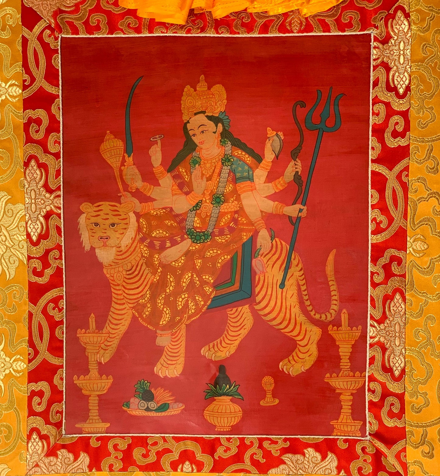 Devi Durga, Jagadamba, Oil Varnished, Thangka Painting, Original Art  with Silk Frame ( Brocade)