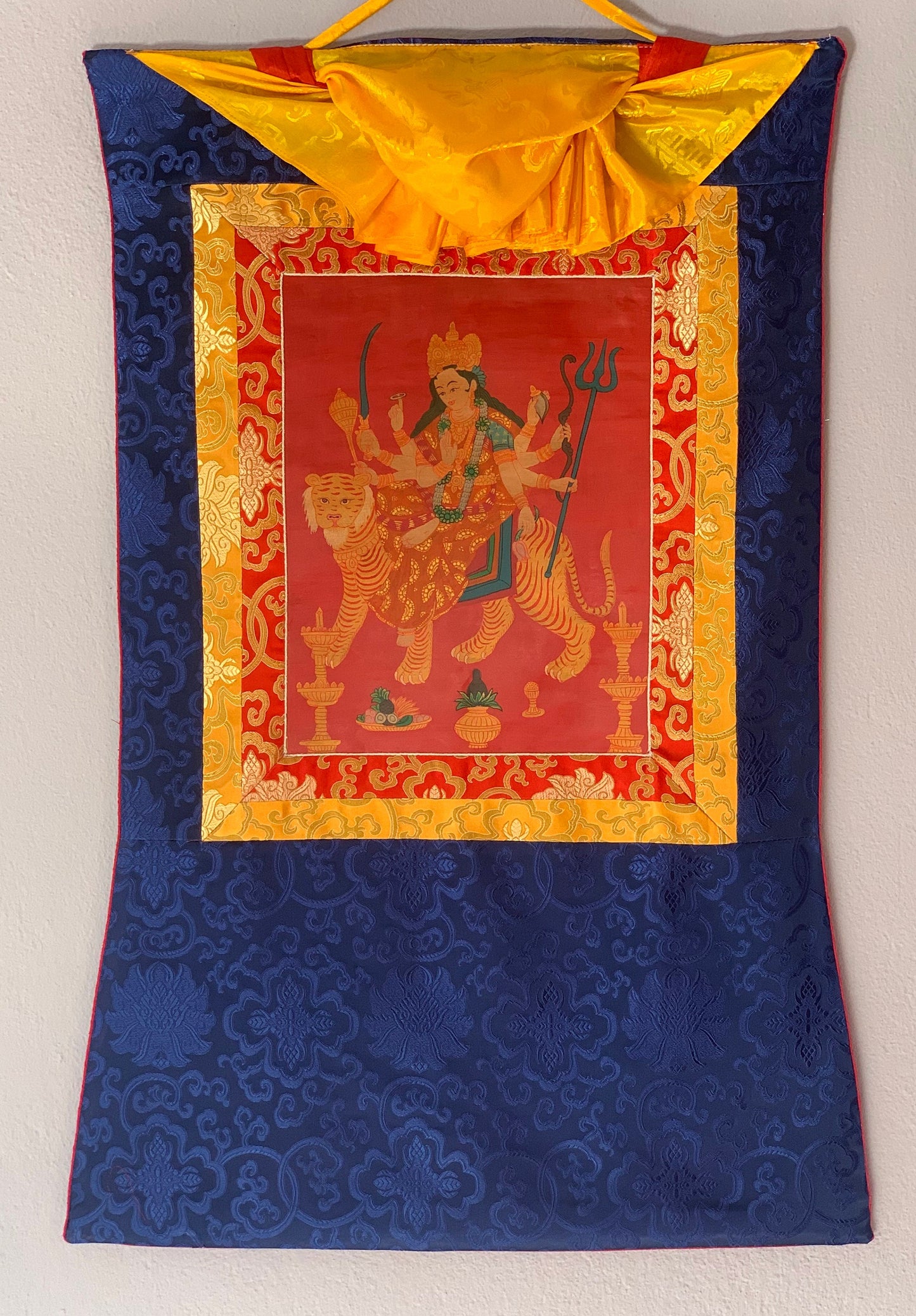 Devi Durga, Jagadamba, Oil Varnished, Thangka Painting, Original Art  with Silk Frame ( Brocade)