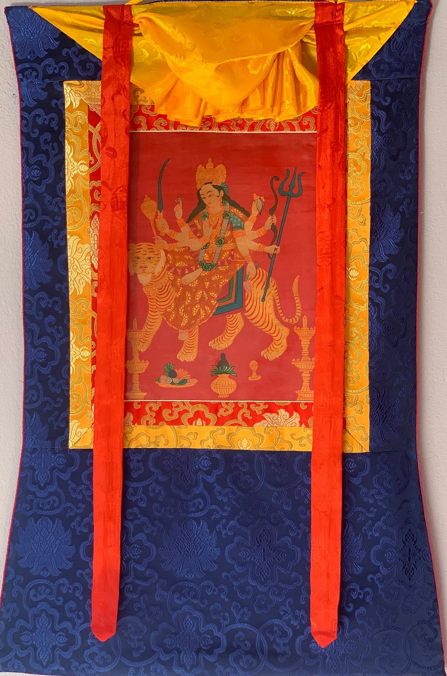 Devi Durga, Jagadamba, Oil Varnished, Thangka Painting, Original Art  with Silk Frame ( Brocade)