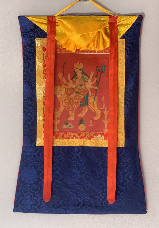 Devi Durga, Jagadamba, Oil Varnished, Thangka Painting, Original Art  with Silk Frame ( Brocade)