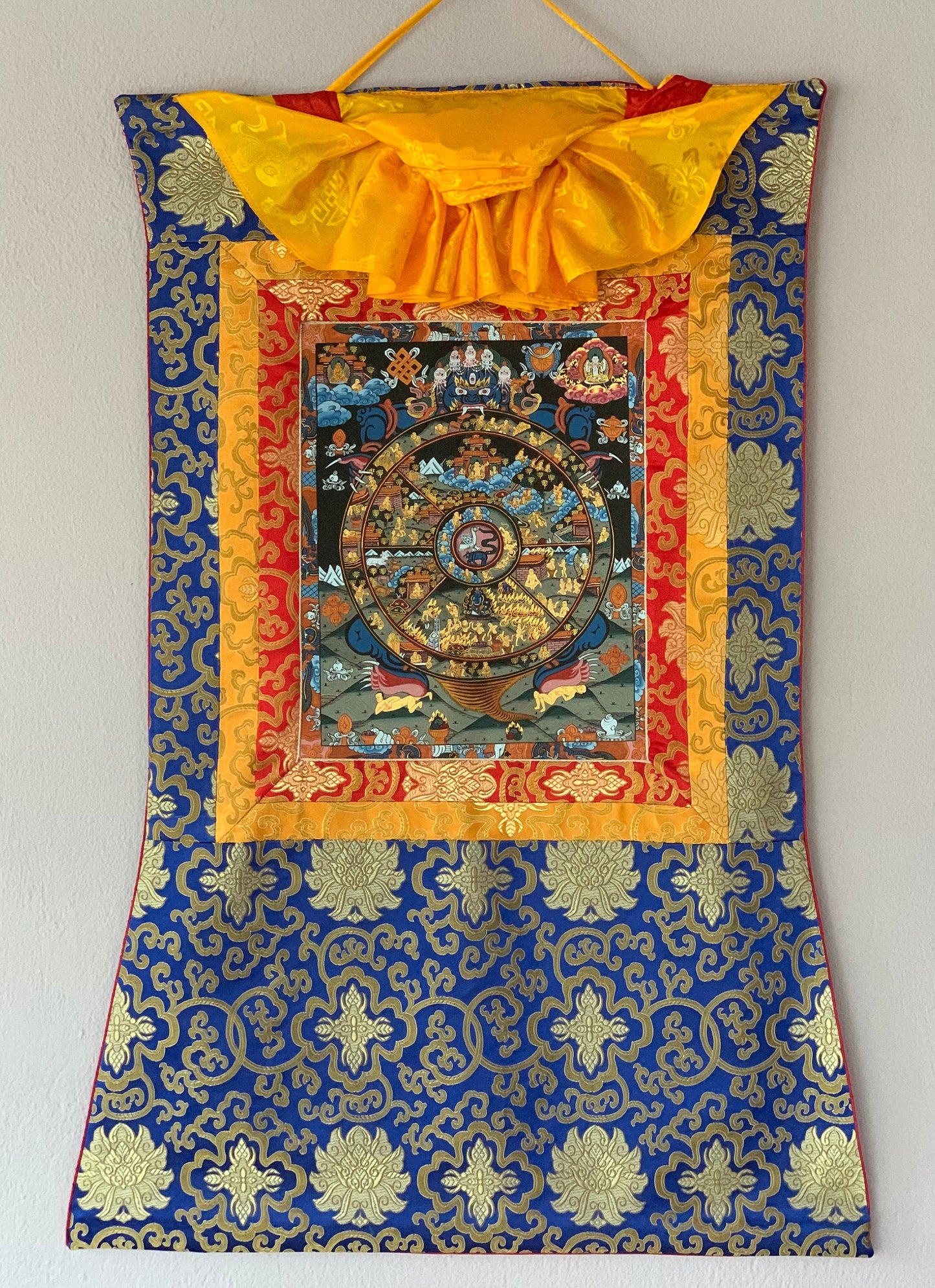 Hand Painted Wheel of Life Mandala, Riduk, Thangka Painting, Original Art  with Silk Brocade