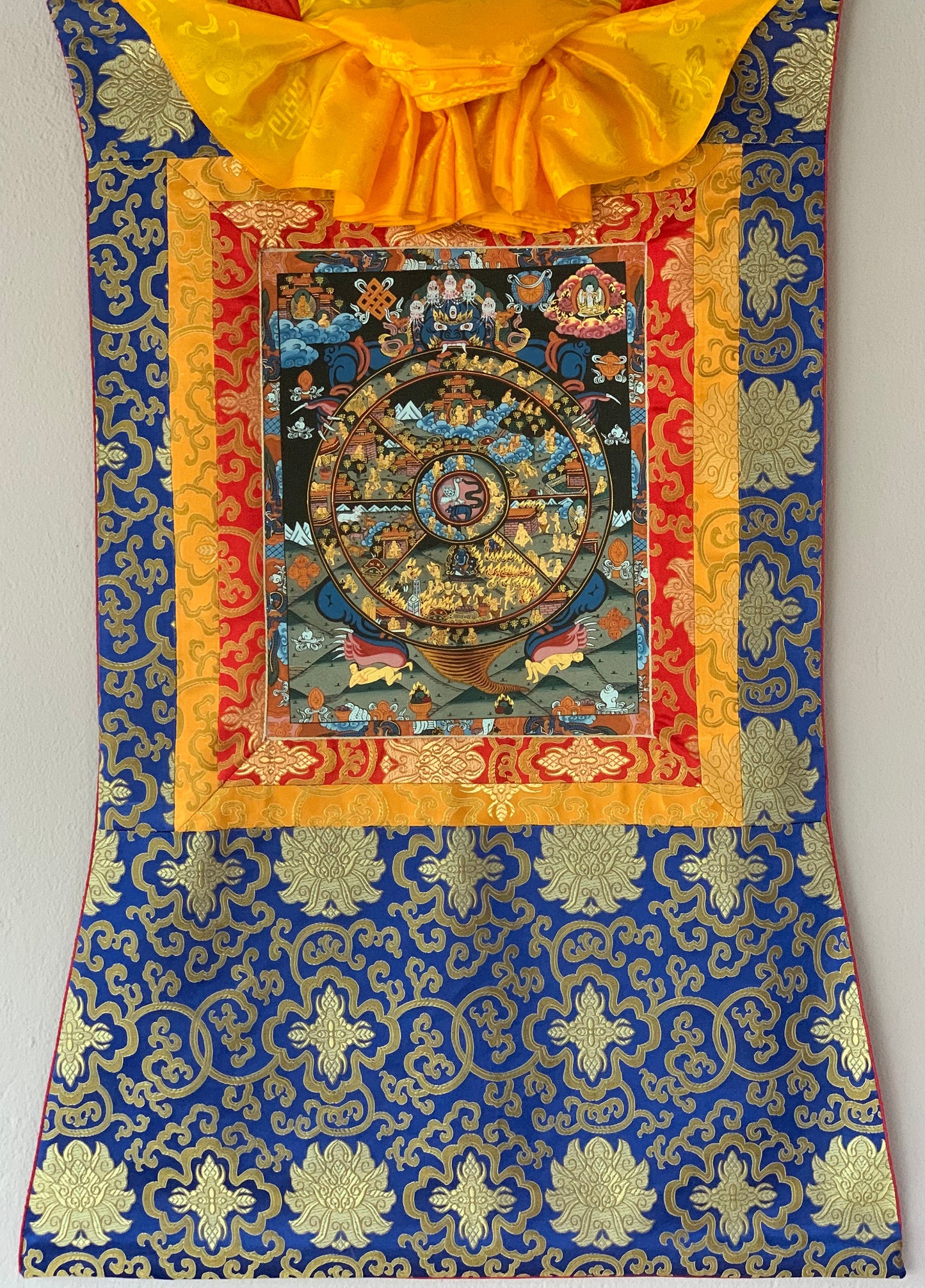 Hand Painted Wheel of Life Mandala, Riduk, Thangka Painting, Original Art  with Silk Brocade