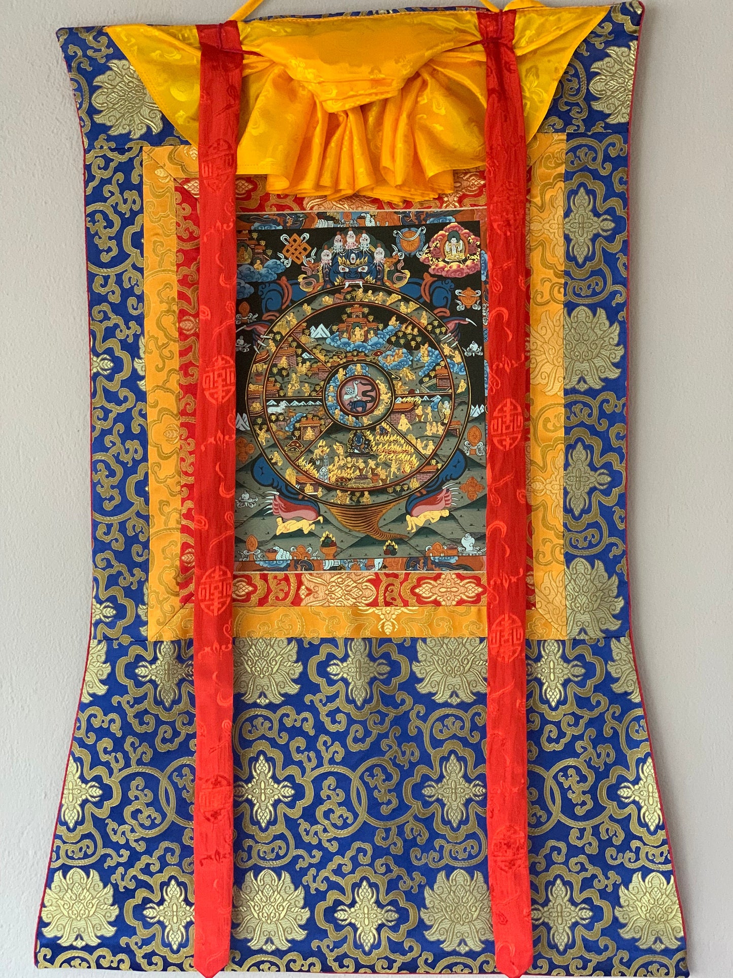 Hand Painted Wheel of Life Mandala, Riduk, Thangka Painting, Original Art  with Silk Brocade