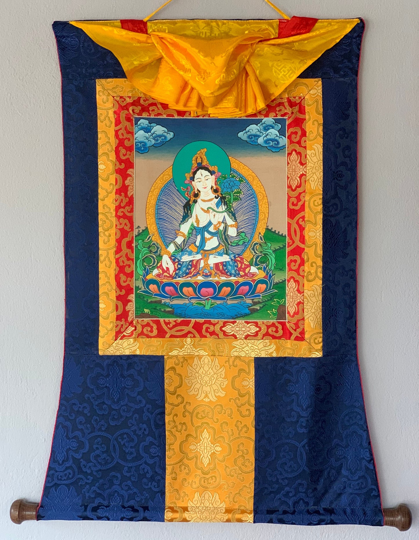 White Tara/ Mother Tara Goddess of Compassion Tibetan Thangka Painting Original Buddhist Art with Silk Brocade