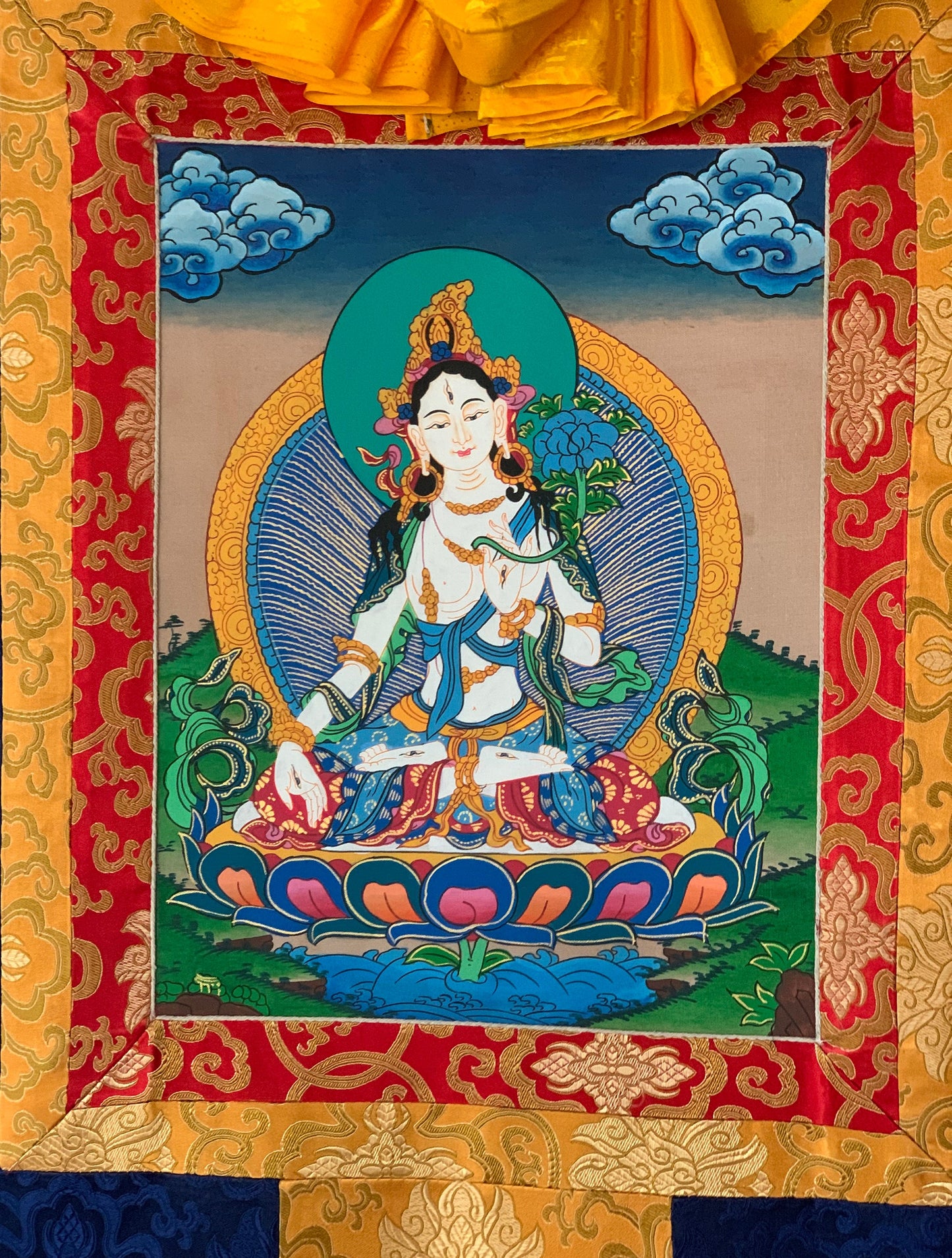 White Tara/ Mother Tara Goddess of Compassion Tibetan Thangka Painting Original Buddhist Art with Silk Brocade