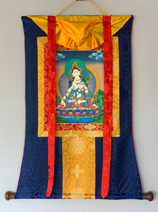 White Tara/ Mother Tara Goddess of Compassion Tibetan Thangka Painting Original Buddhist Art with Silk Brocade