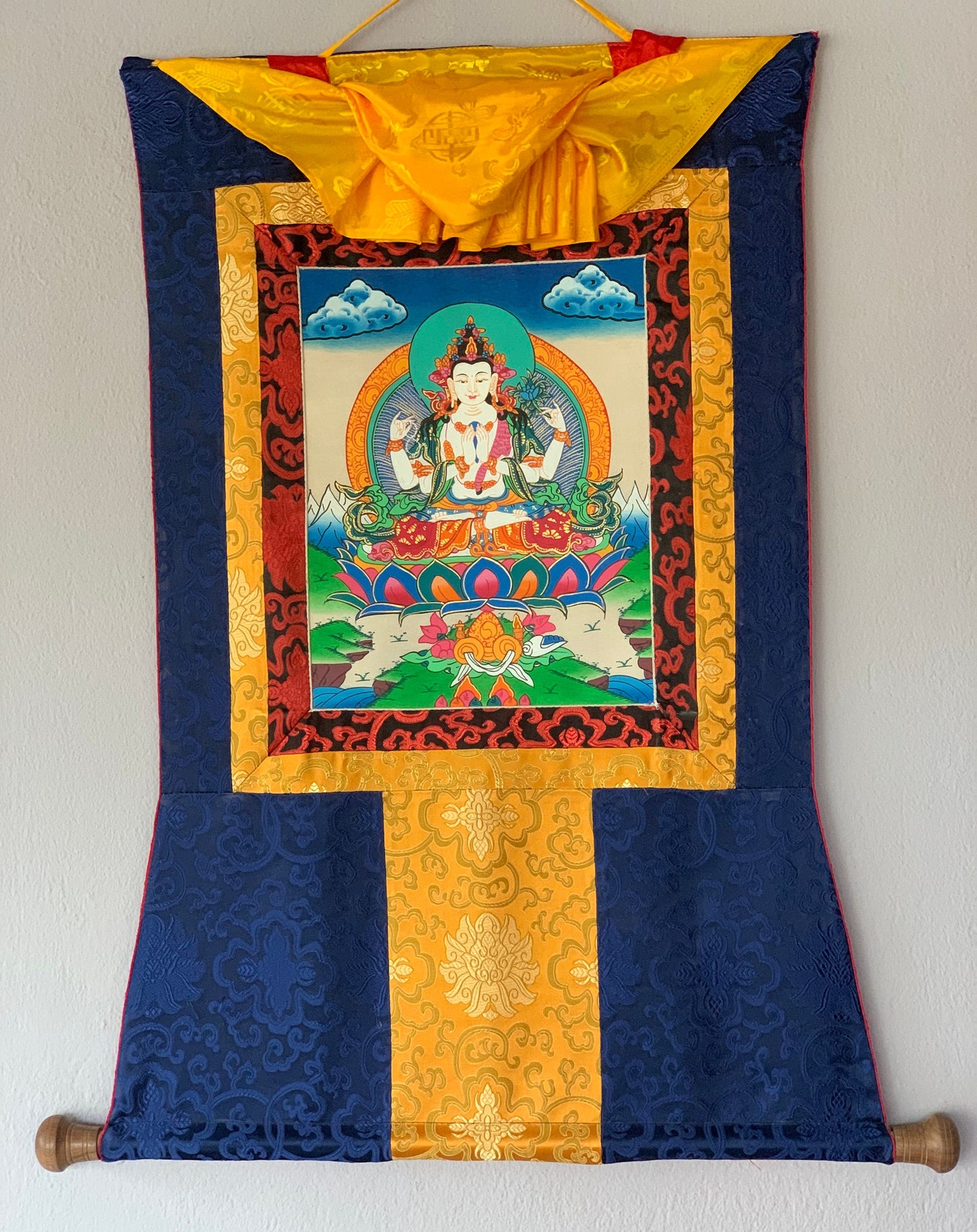 4-Armed Avalokiteshvara, Lokeswor, Chyangresi, Chenrezig, Thangka Painting with Silk Brocade