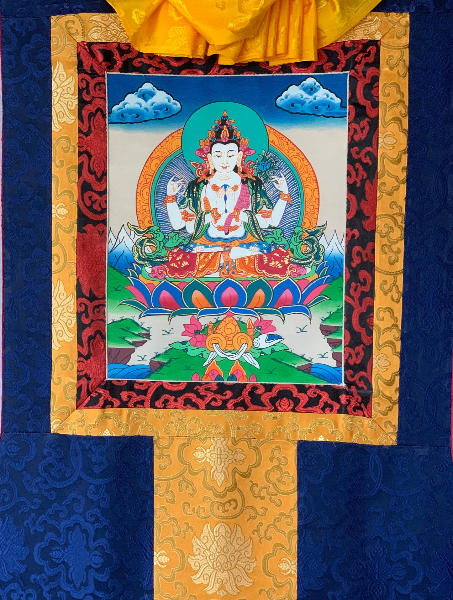 4-Armed Avalokiteshvara, Lokeswor, Chyangresi, Chenrezig, Thangka Painting with Silk Brocade