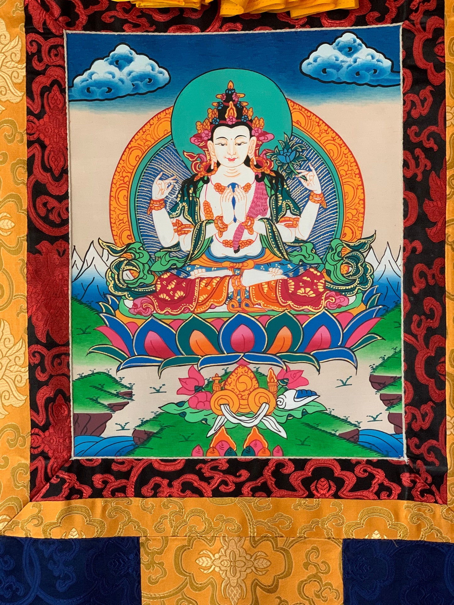 4-Armed Avalokiteshvara, Lokeswor, Chyangresi, Chenrezig, Thangka Painting with Silk Brocade