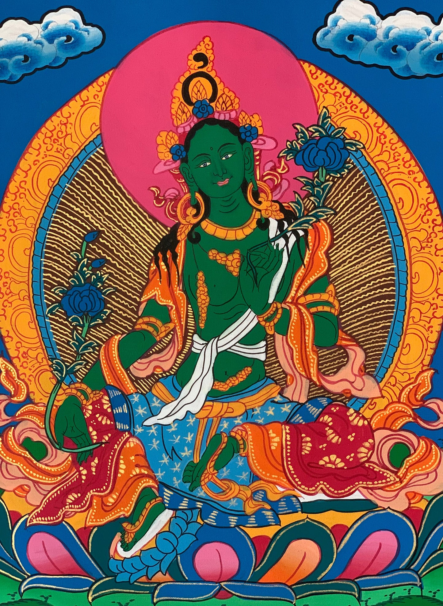 Green Tara/ Shyamatara/ Divine Mother Tibetan Thangka Painting, Original Art with Silk Brocade