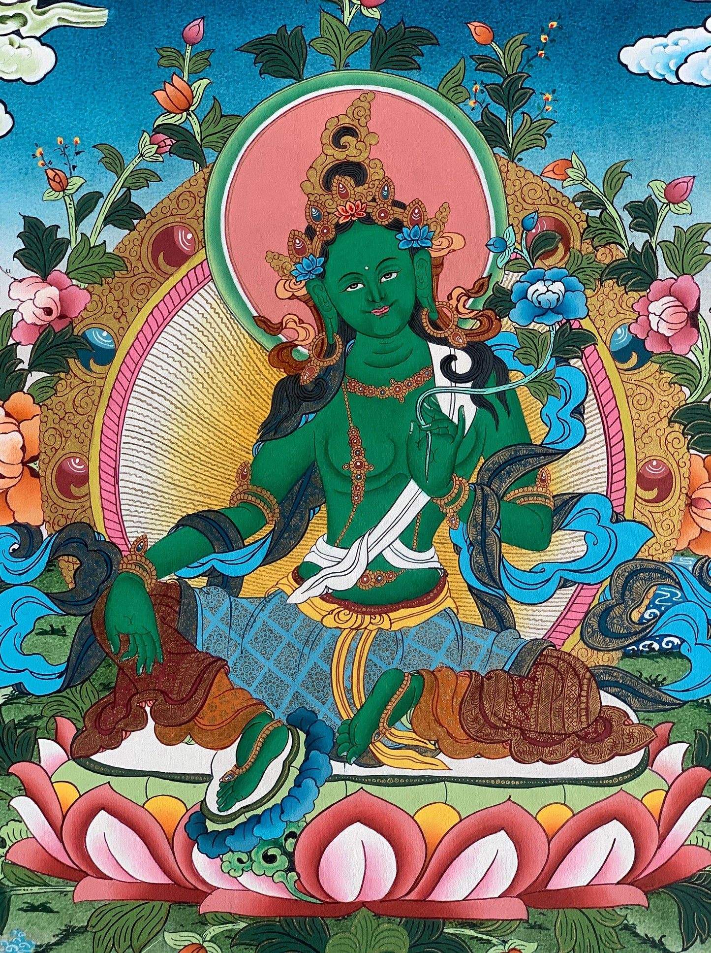 Green Tara, Shyamatara,  Mother Goddess, Master Quality, Thangka Painting, Original, Hand- painted,  Buddhist Healing and Meditation Art